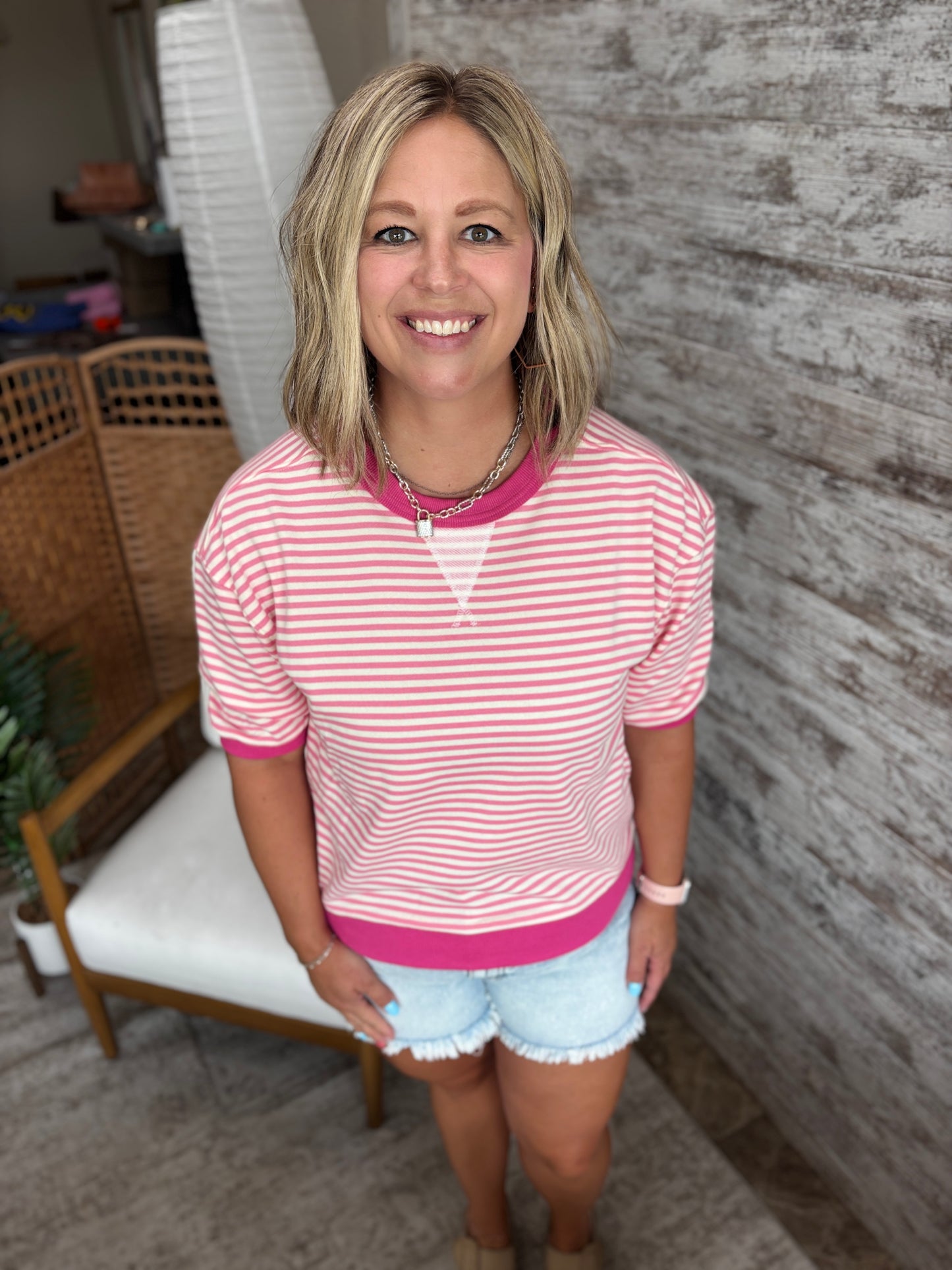 Pink Stripe Elbow Sleeve Top