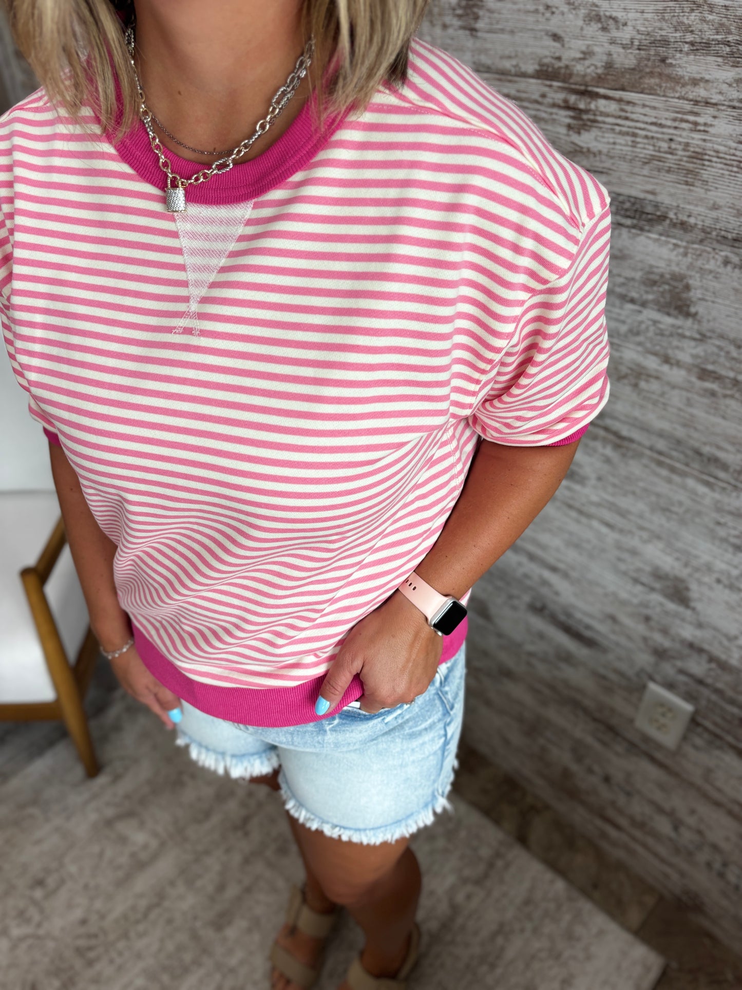 Pink Stripe Elbow Sleeve Top