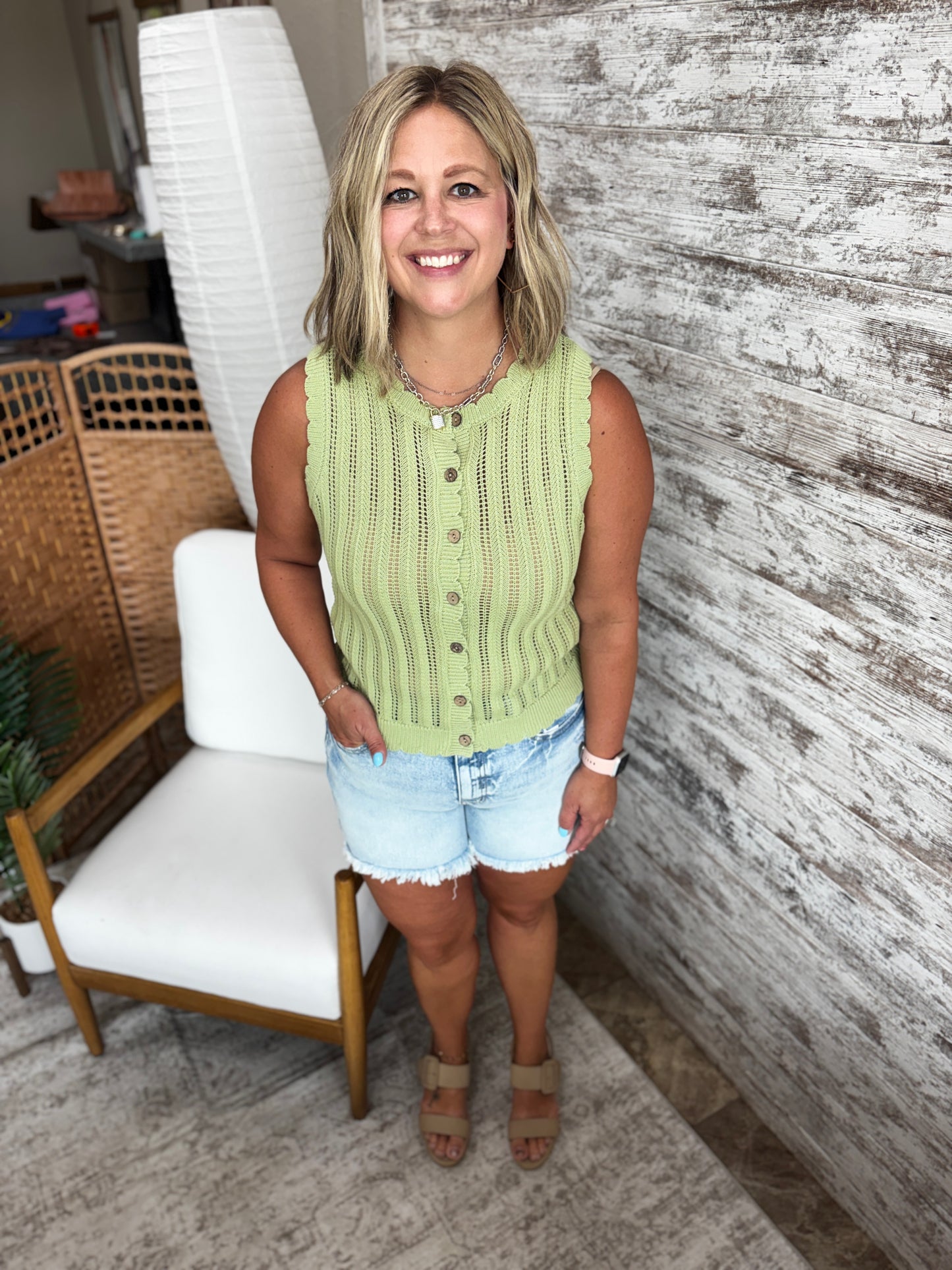 Sage Scallop Hem Button Down Tank
