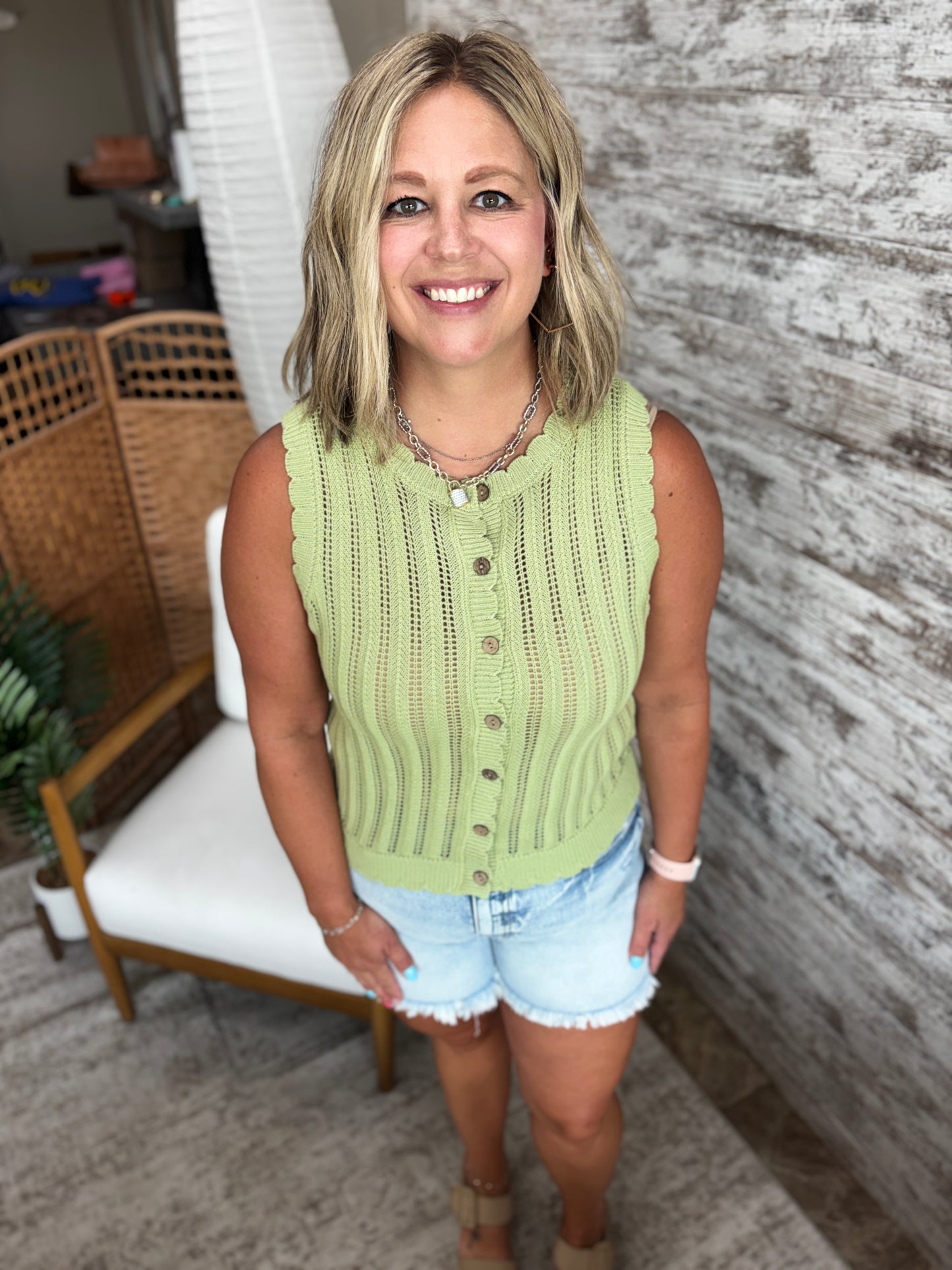 Sage Scallop Hem Button Down Tank