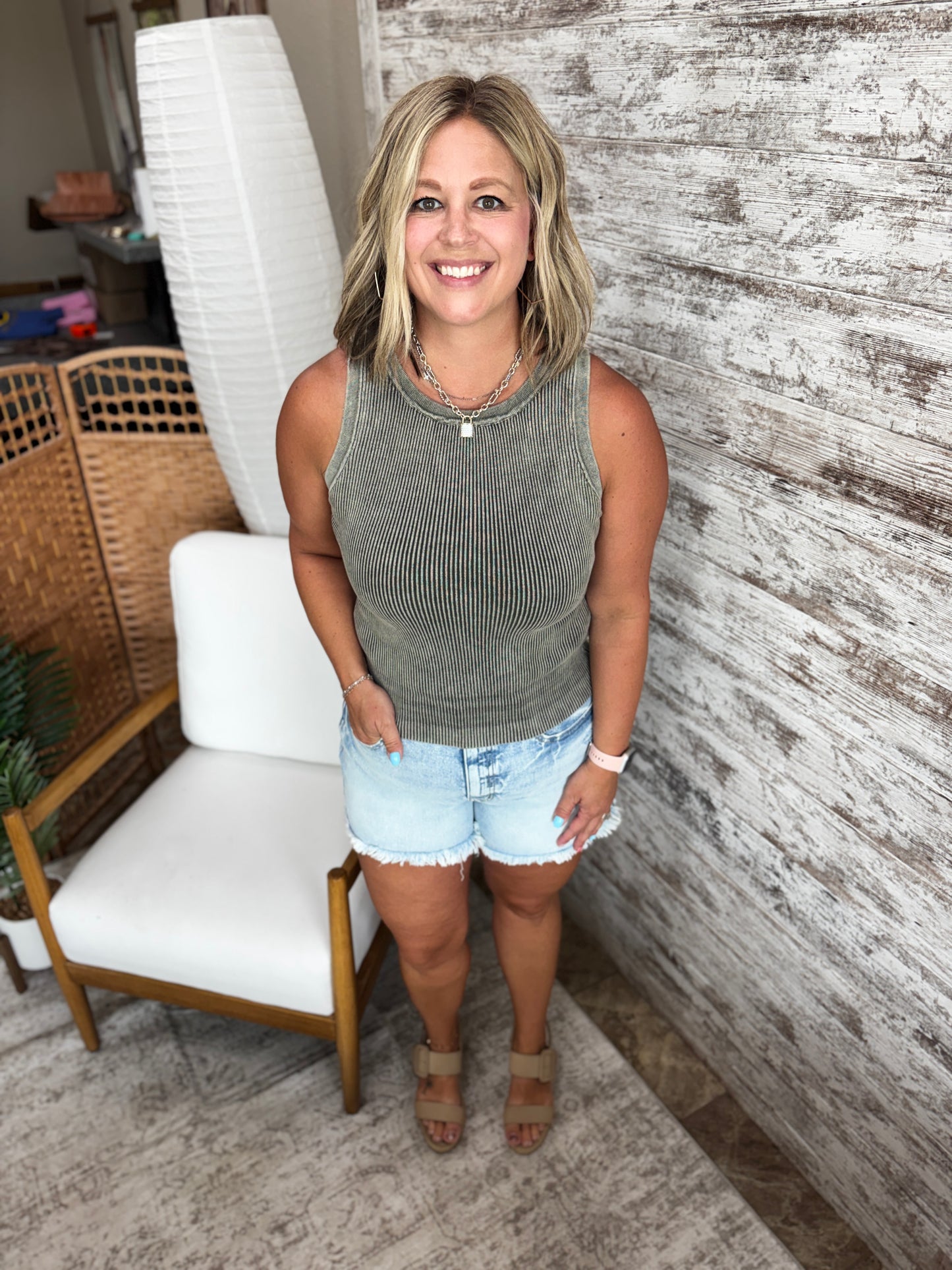 Dark Olive Washed Ribbed Tank