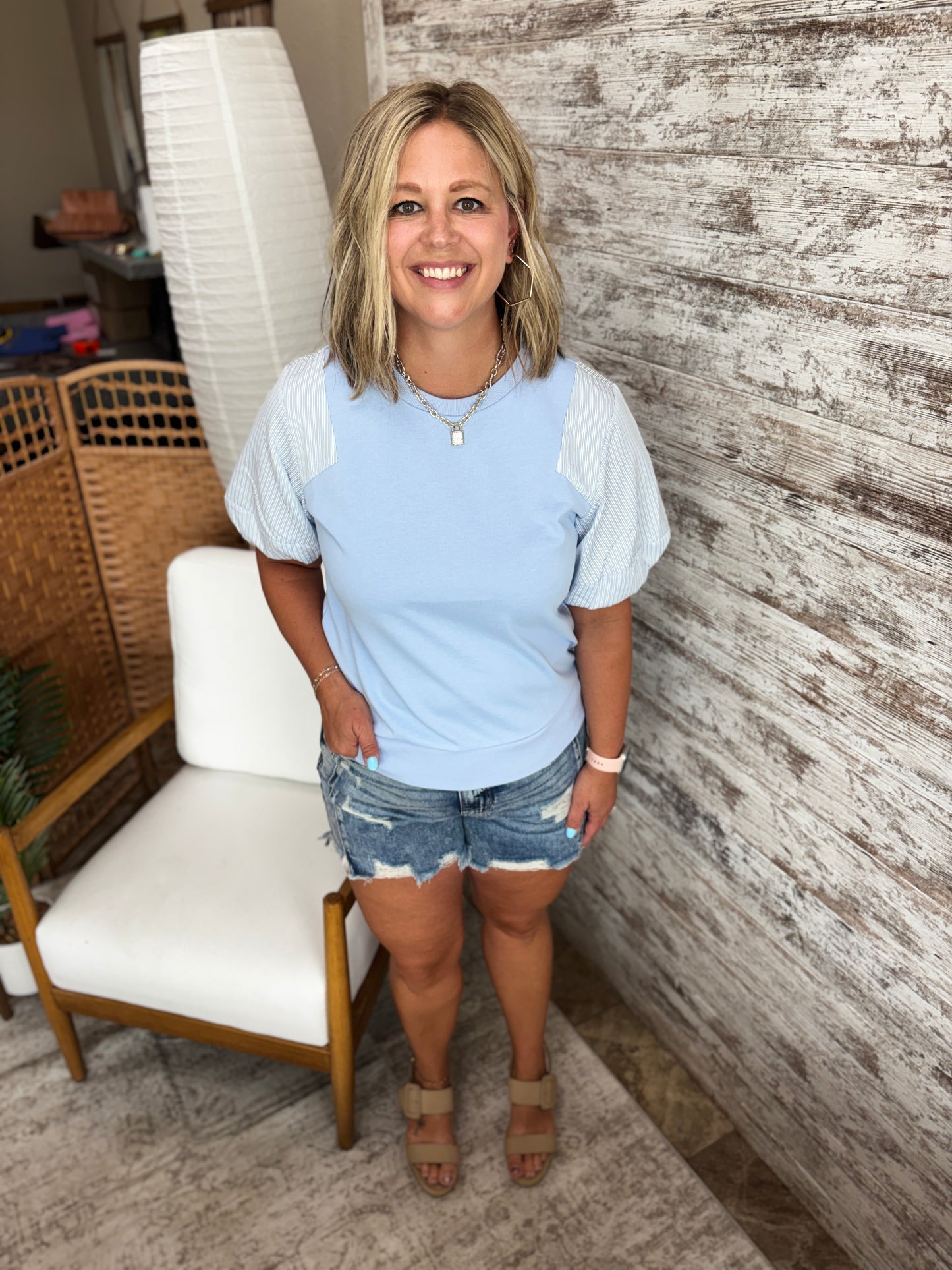 Sky Blue Stripe Contrast Puff Sleeve Top