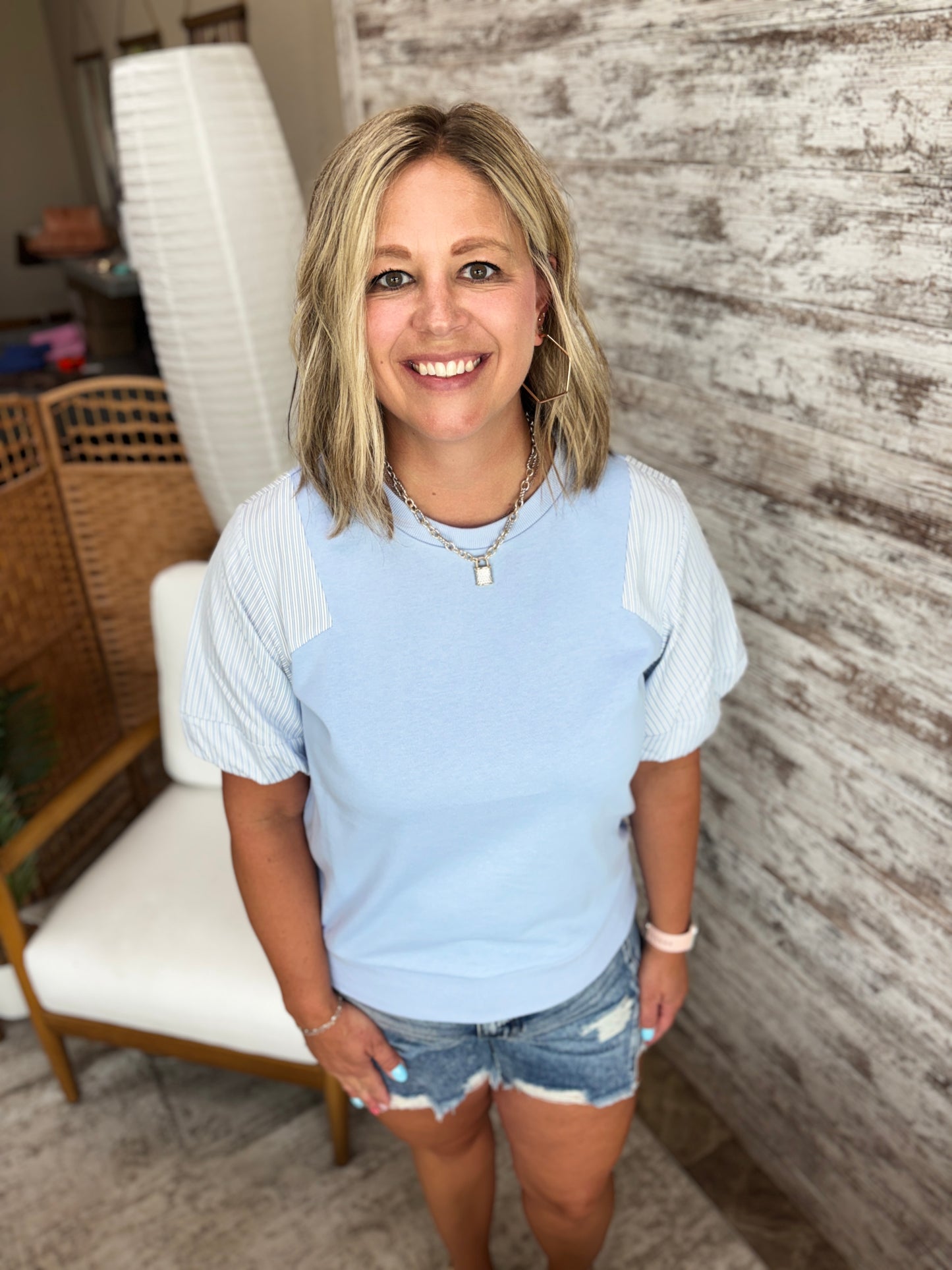 Sky Blue Stripe Contrast Puff Sleeve Top