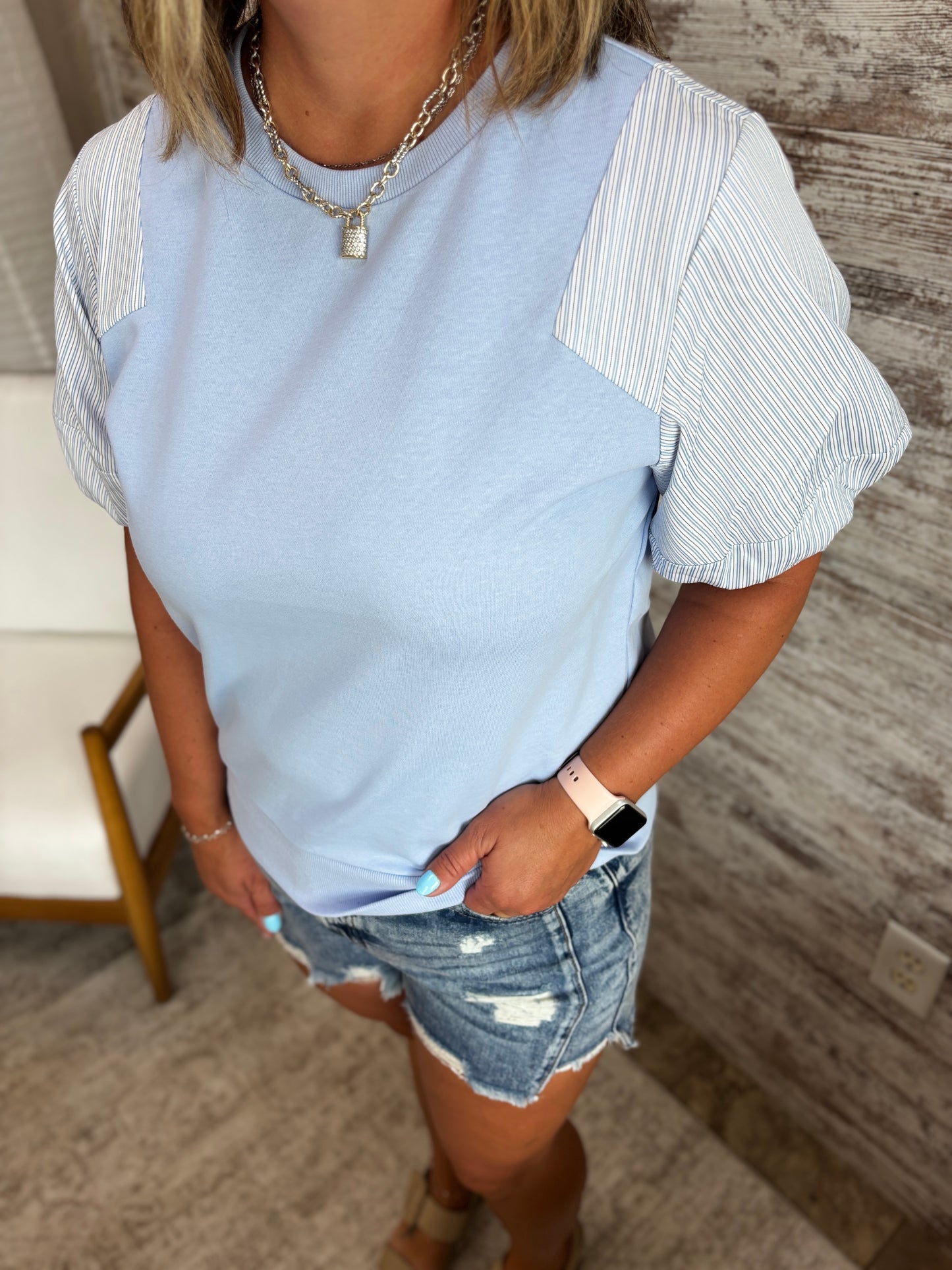 Sky Blue Stripe Contrast Puff Sleeve Top