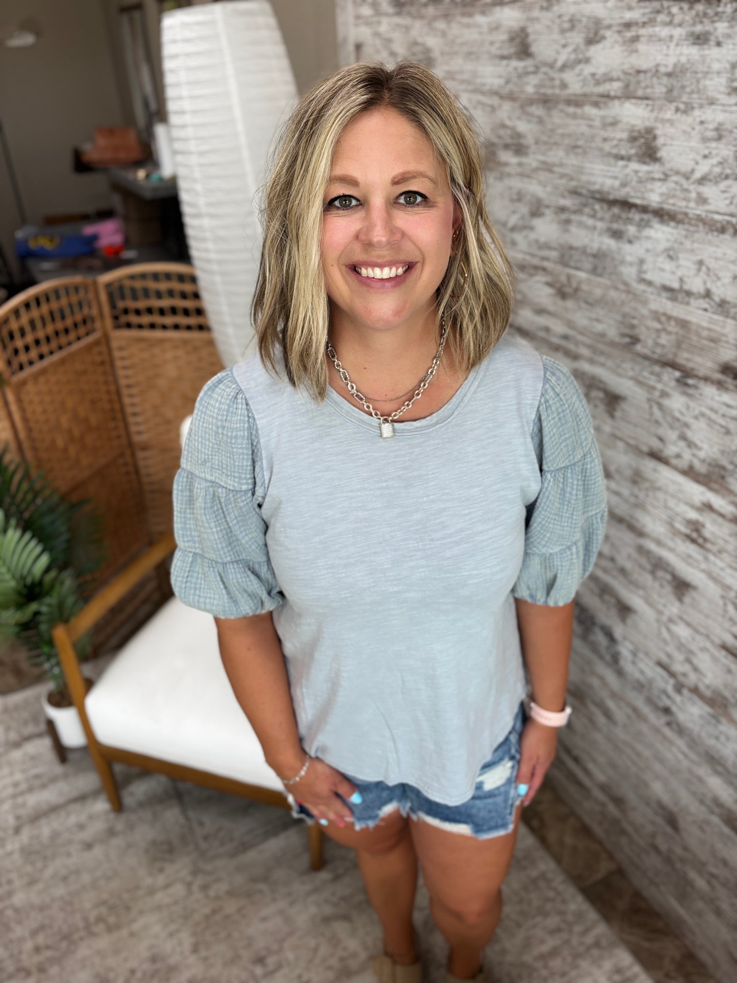 Blue Mineral Washed Puff Sleeve Top