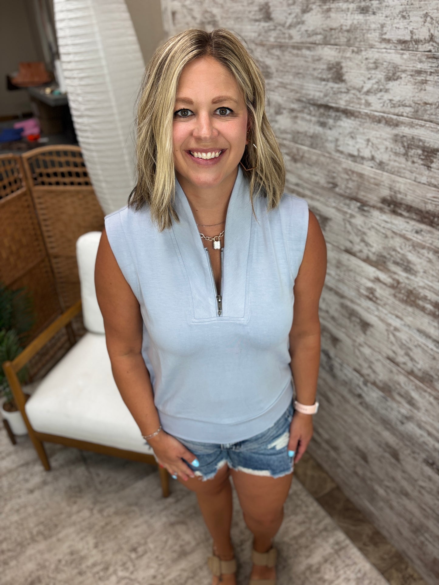 Steel Blue Brushed Modal Half Zip Top