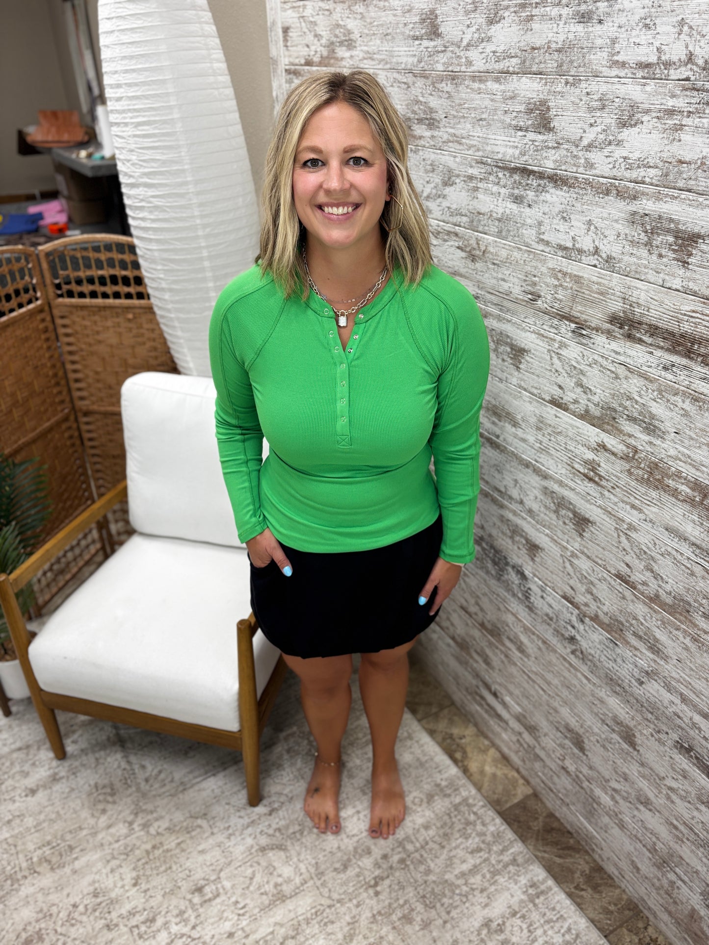 Green Pop Micro Ribbed Henley Top