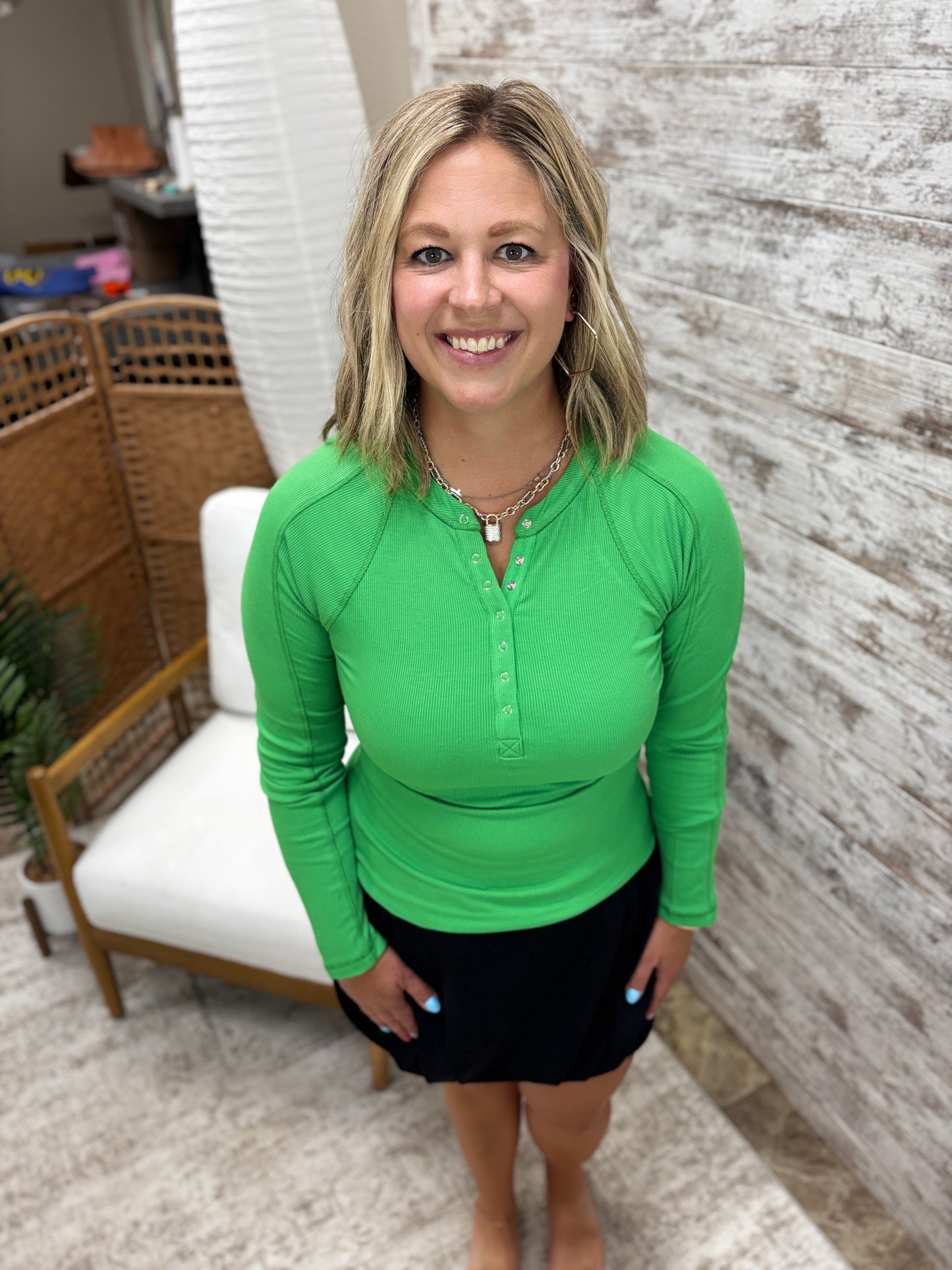 Green Pop Micro Ribbed Henley Top