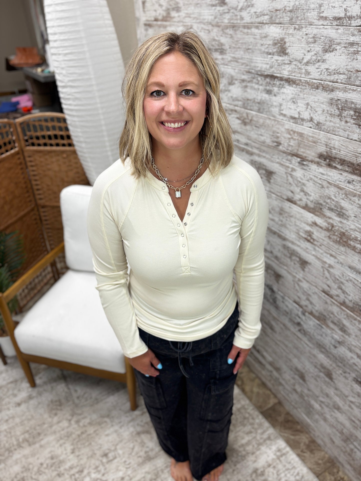 Natural Micro Ribbed Henley Top