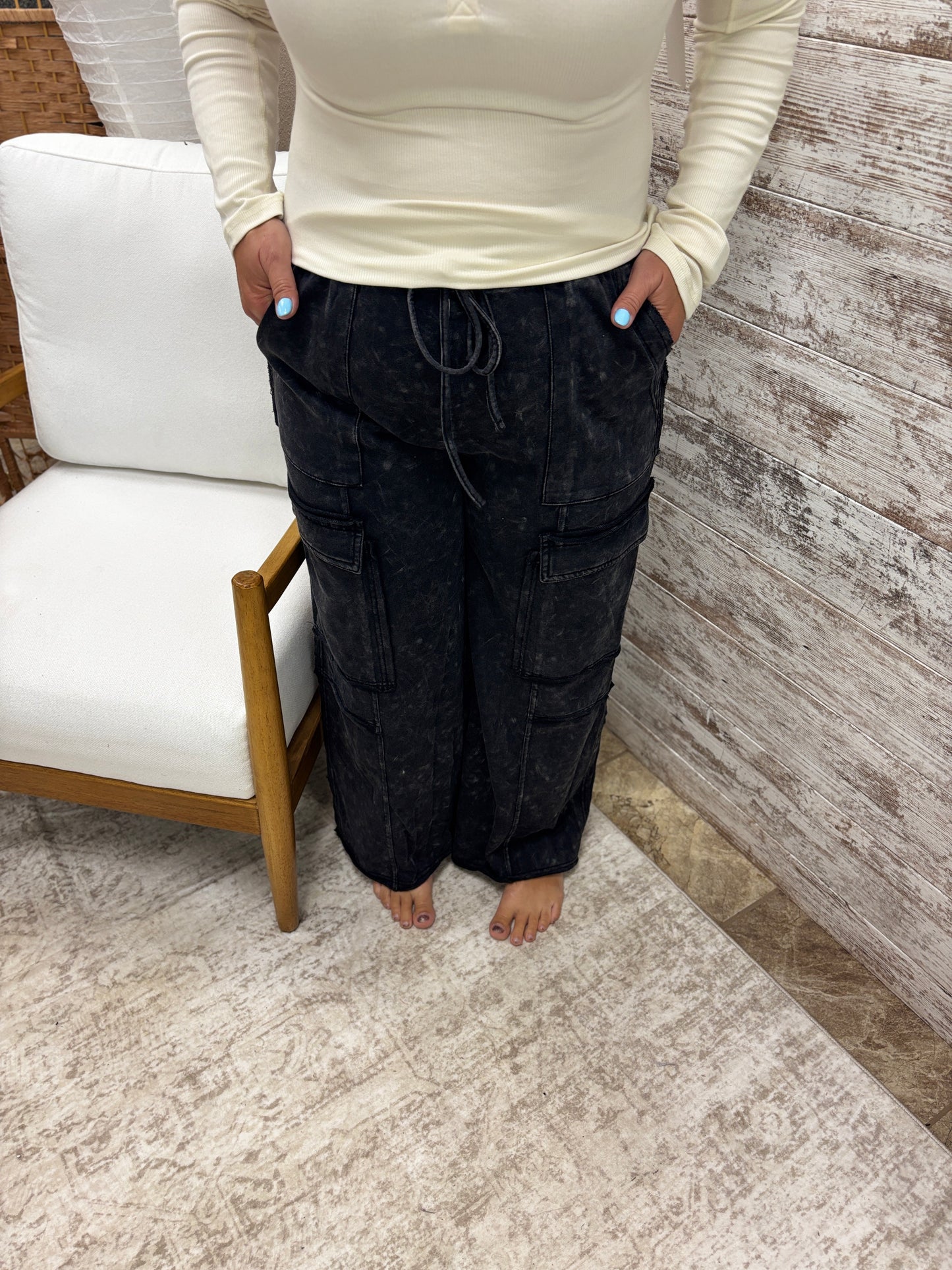 Black Mineral Wash Cargo Pants