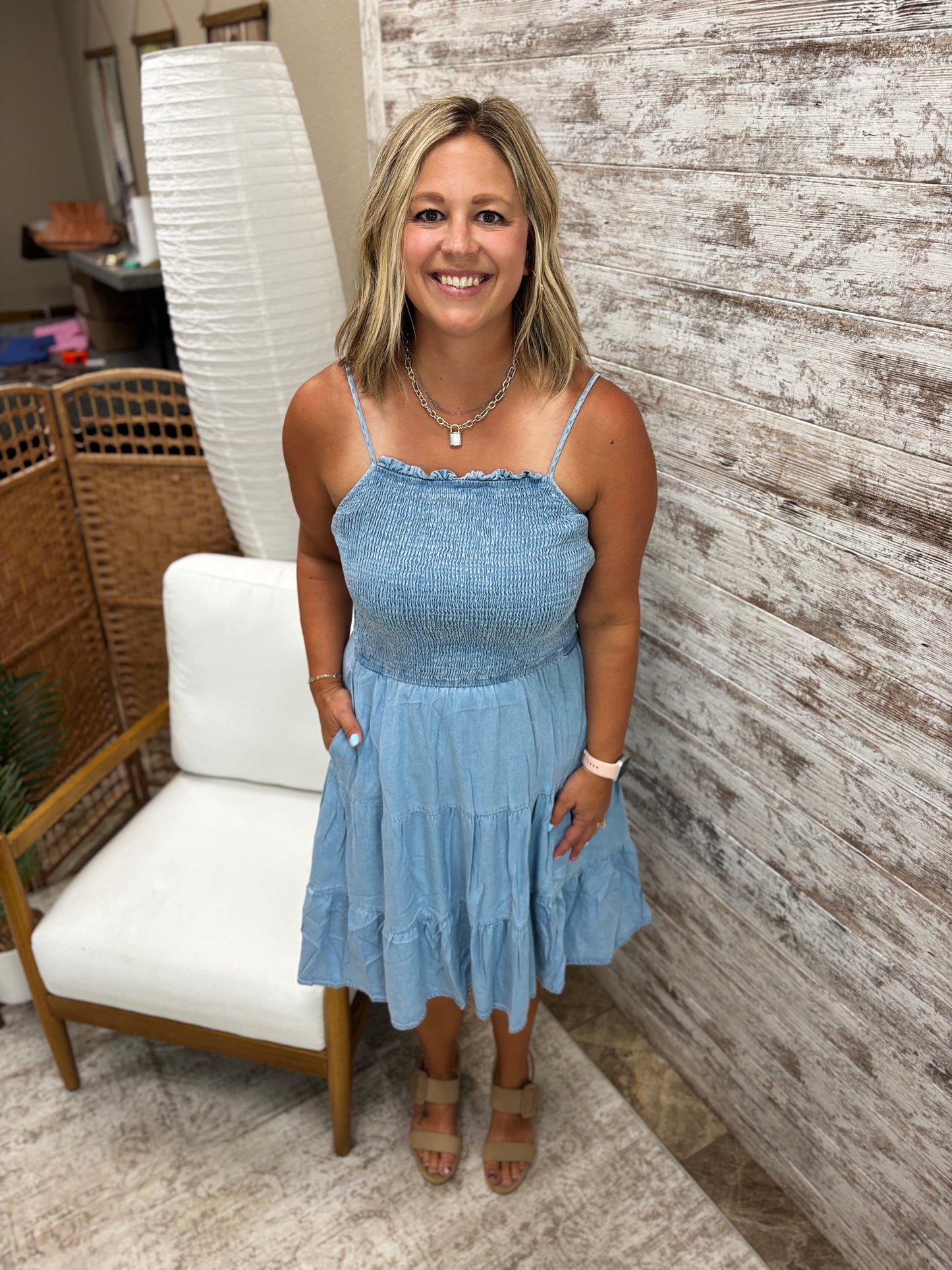 Lt Denim Tencil Smocked Mini Dress