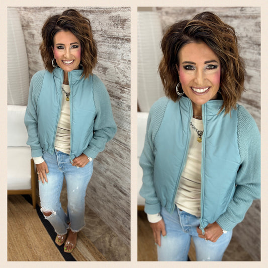 Smokey Blue Cropped Puff Jacket