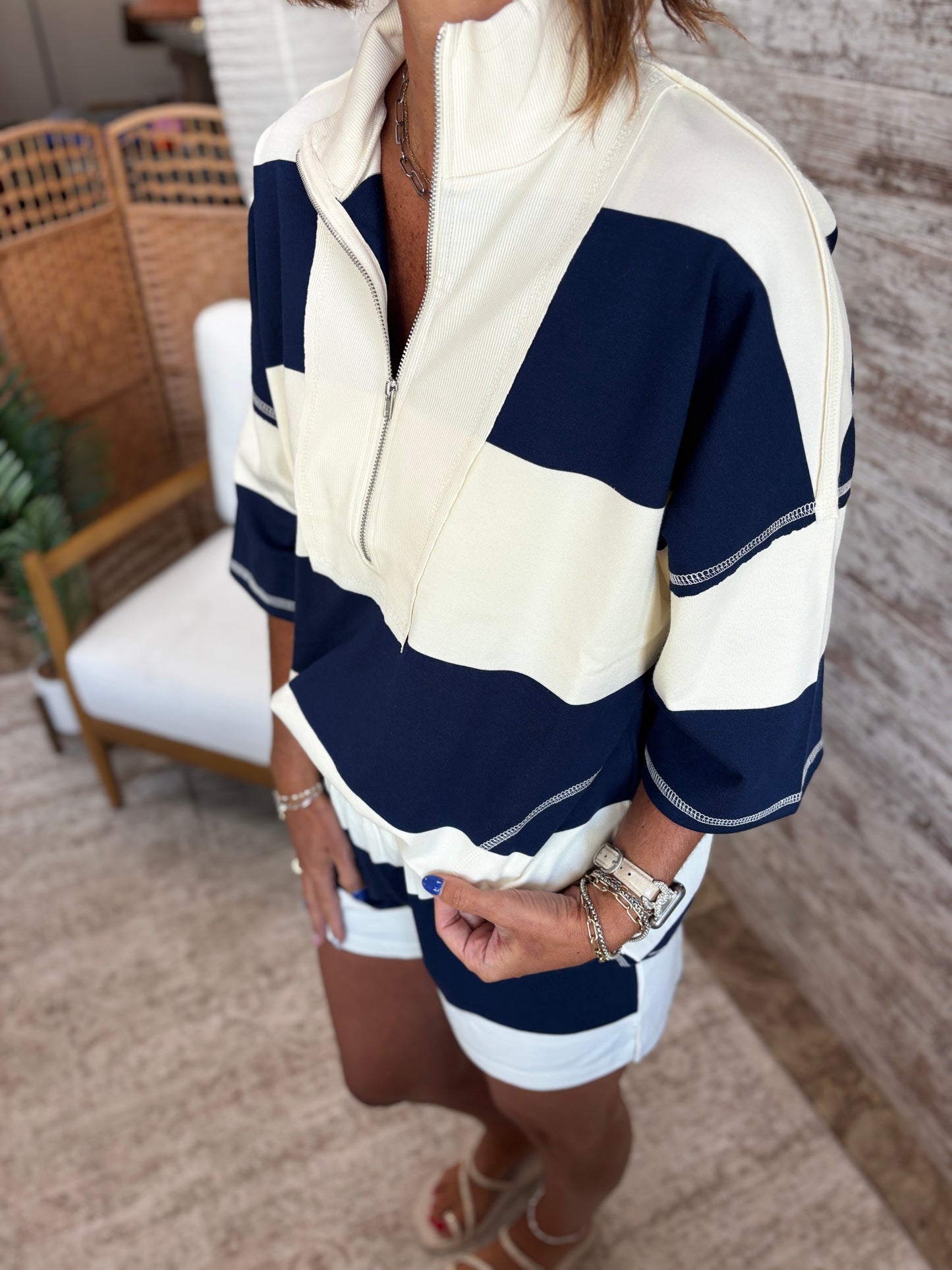 Navy Wide Stripe Half Zip