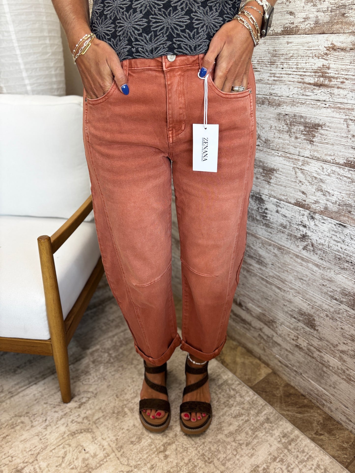 Zenana Rust Barrel Leg Jeans