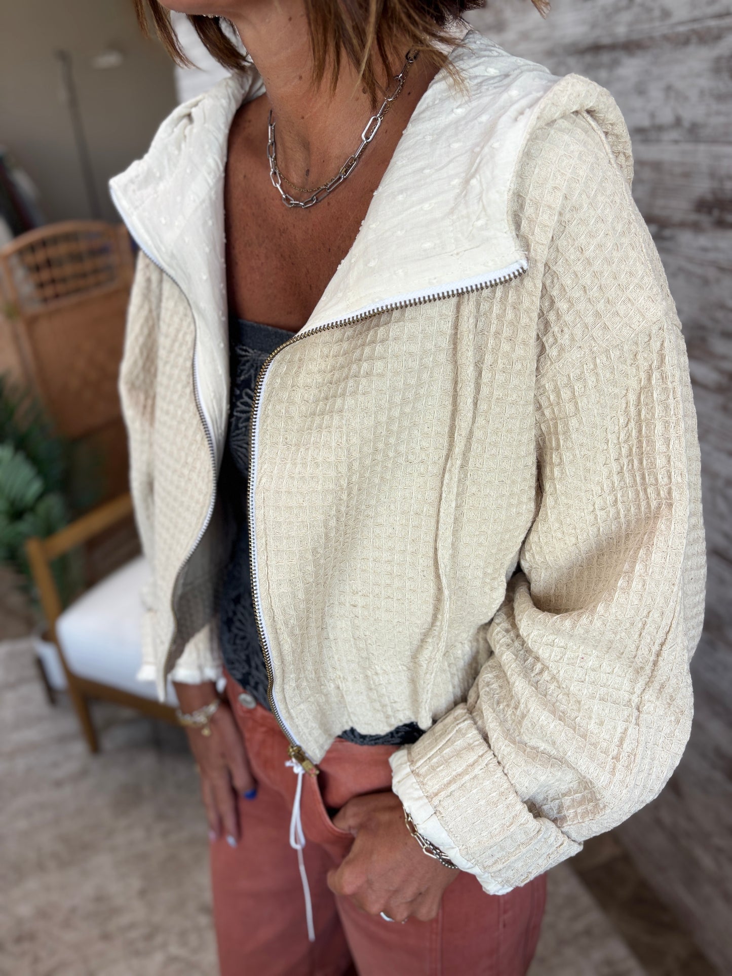 Natural Lightweight Waffle Textured Cropped Zip Hoodie