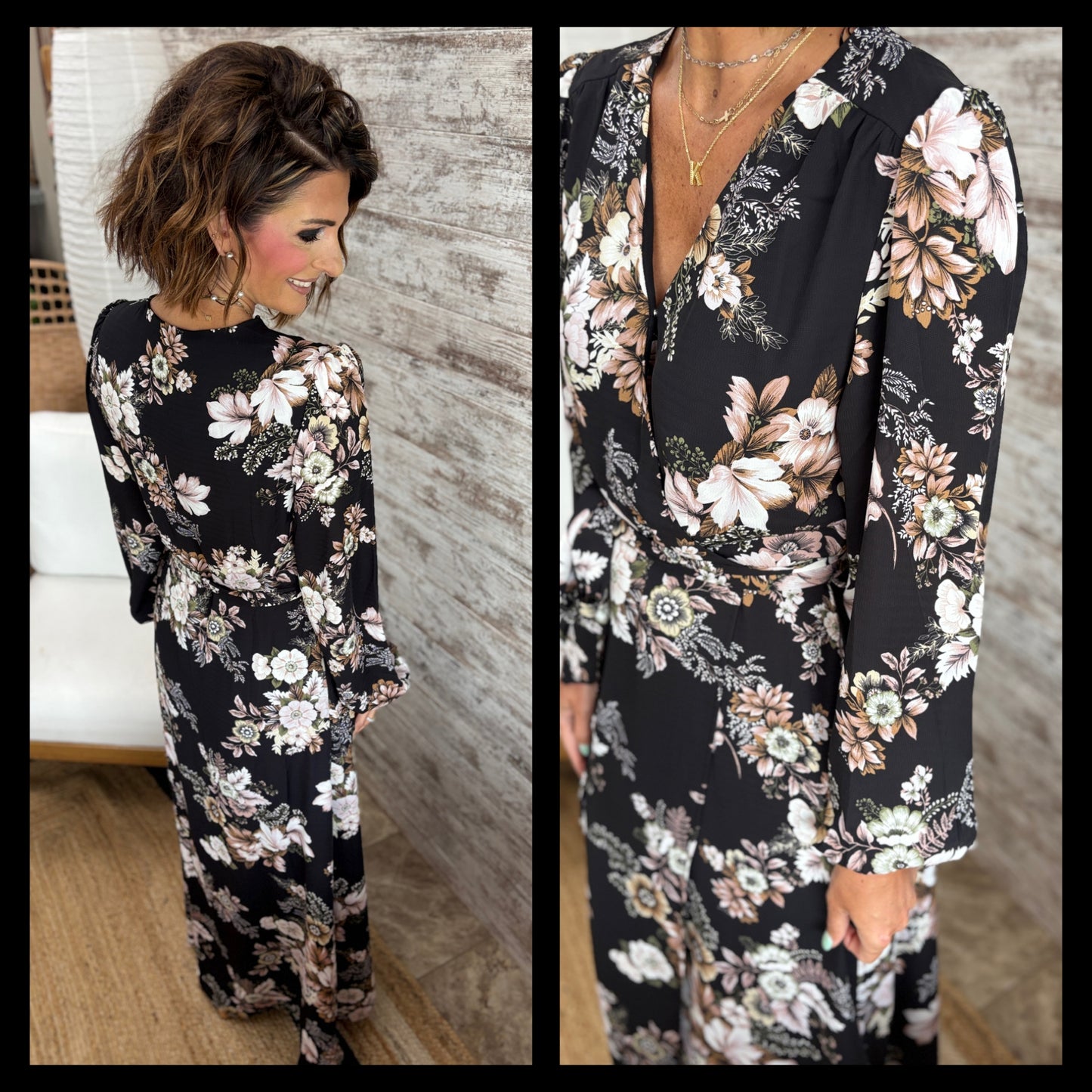 Black Floral Long Sleeve Maxi with Tie Waist