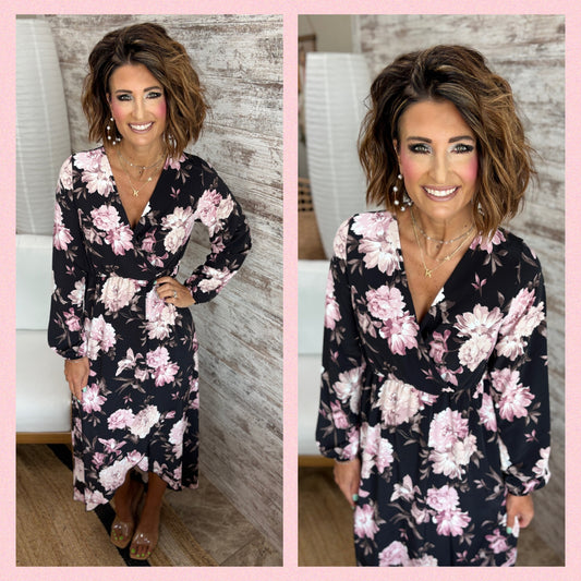 Black/Mauve Floral Print Dress with Overlap Detail