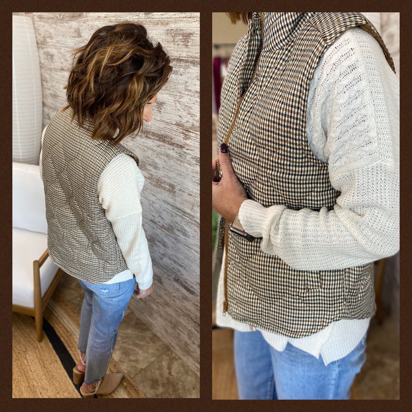 Ivory/Camel Plaid Vest with Snap Buttons