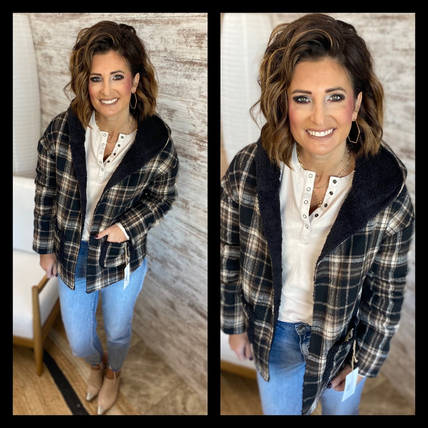 Cozy Plaid and Black Mix Hooded Jacket