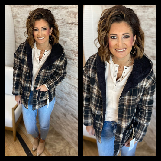 Cozy Plaid and Black Mix Hooded Jacket