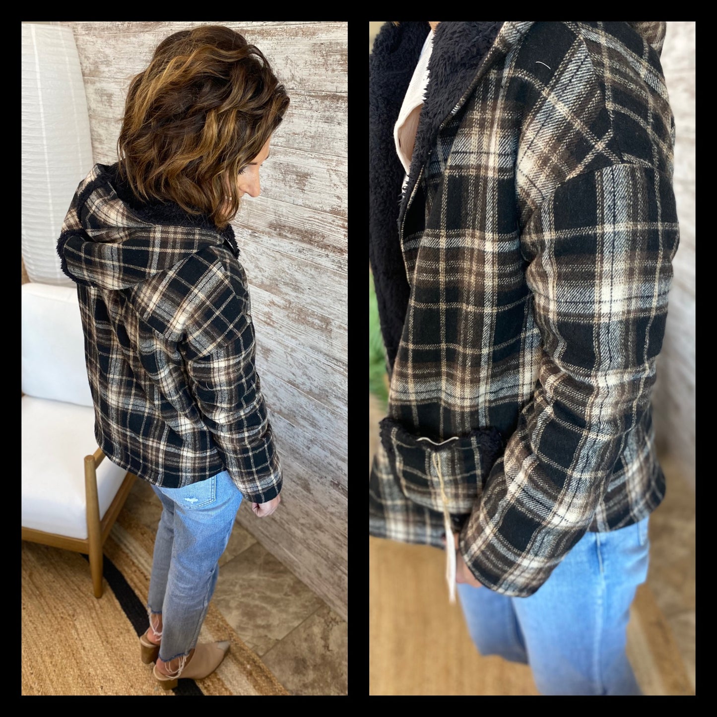 Cozy Plaid and Black Mix Hooded Jacket