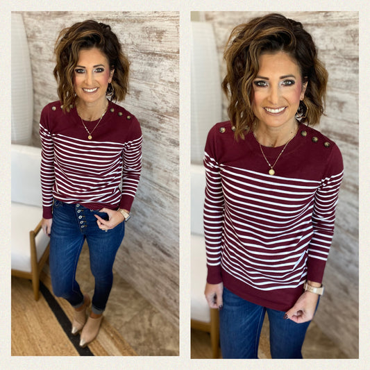 Burgundy and Ivory Striped Sweater with Button Detail