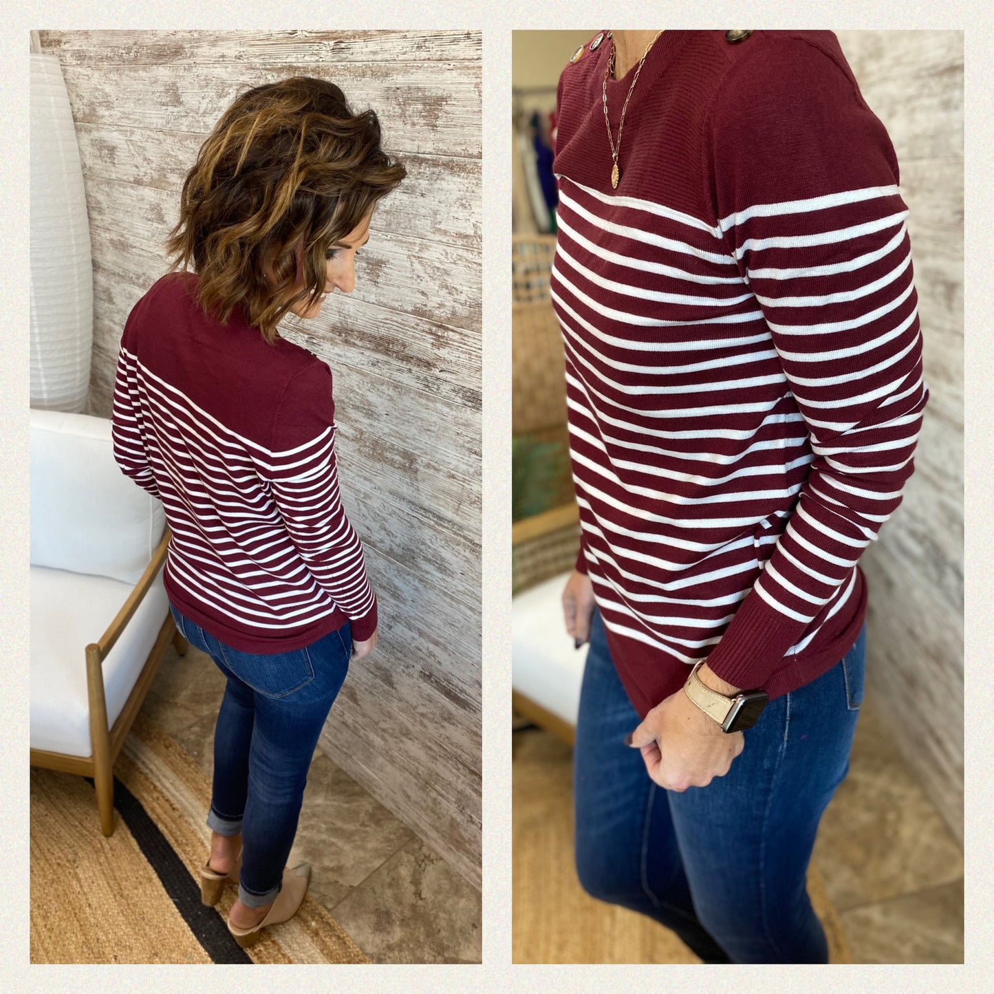 Burgundy and Ivory Striped Sweater with Button Detail