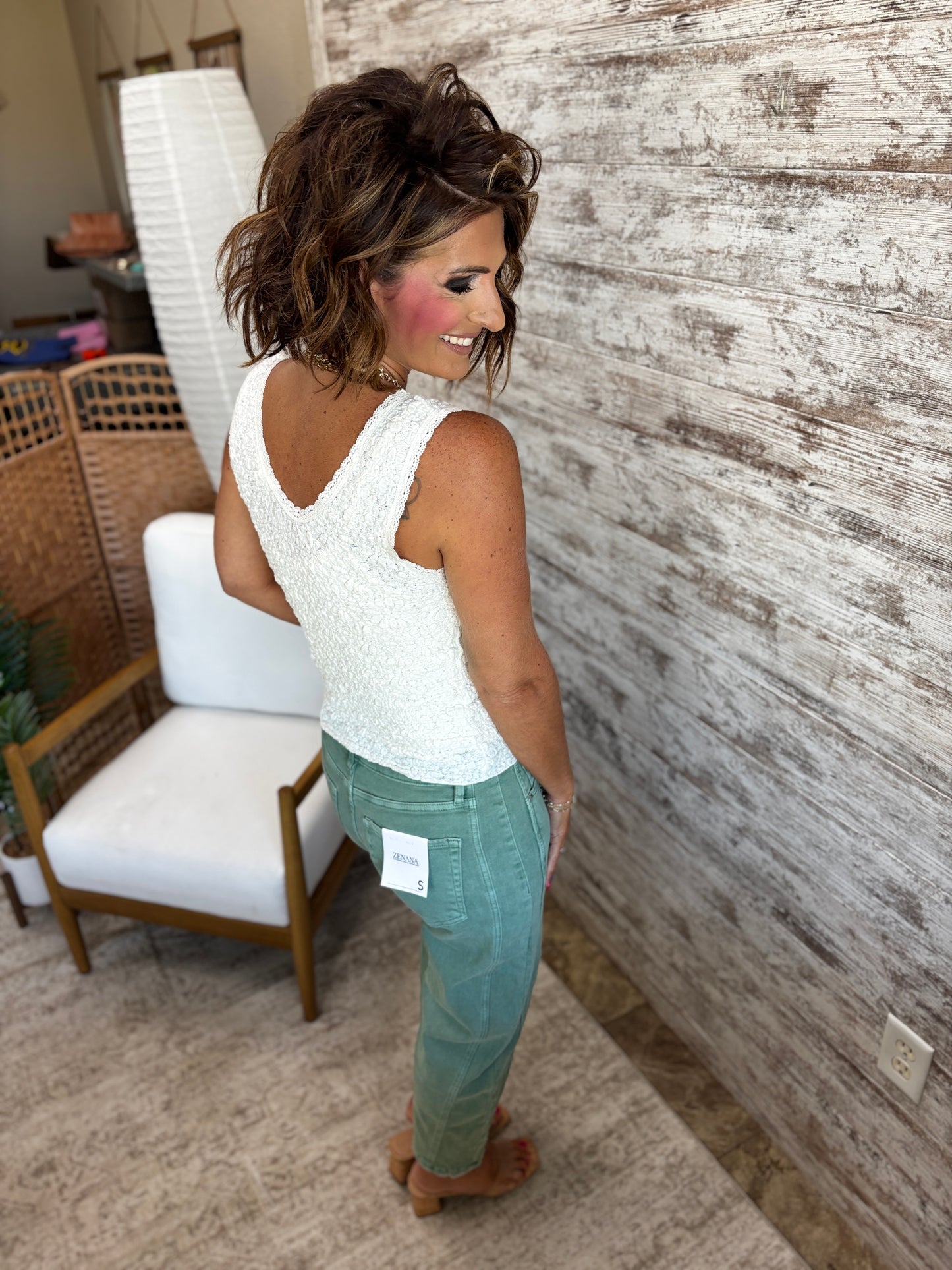 White Crinkle Top with Lace Trim