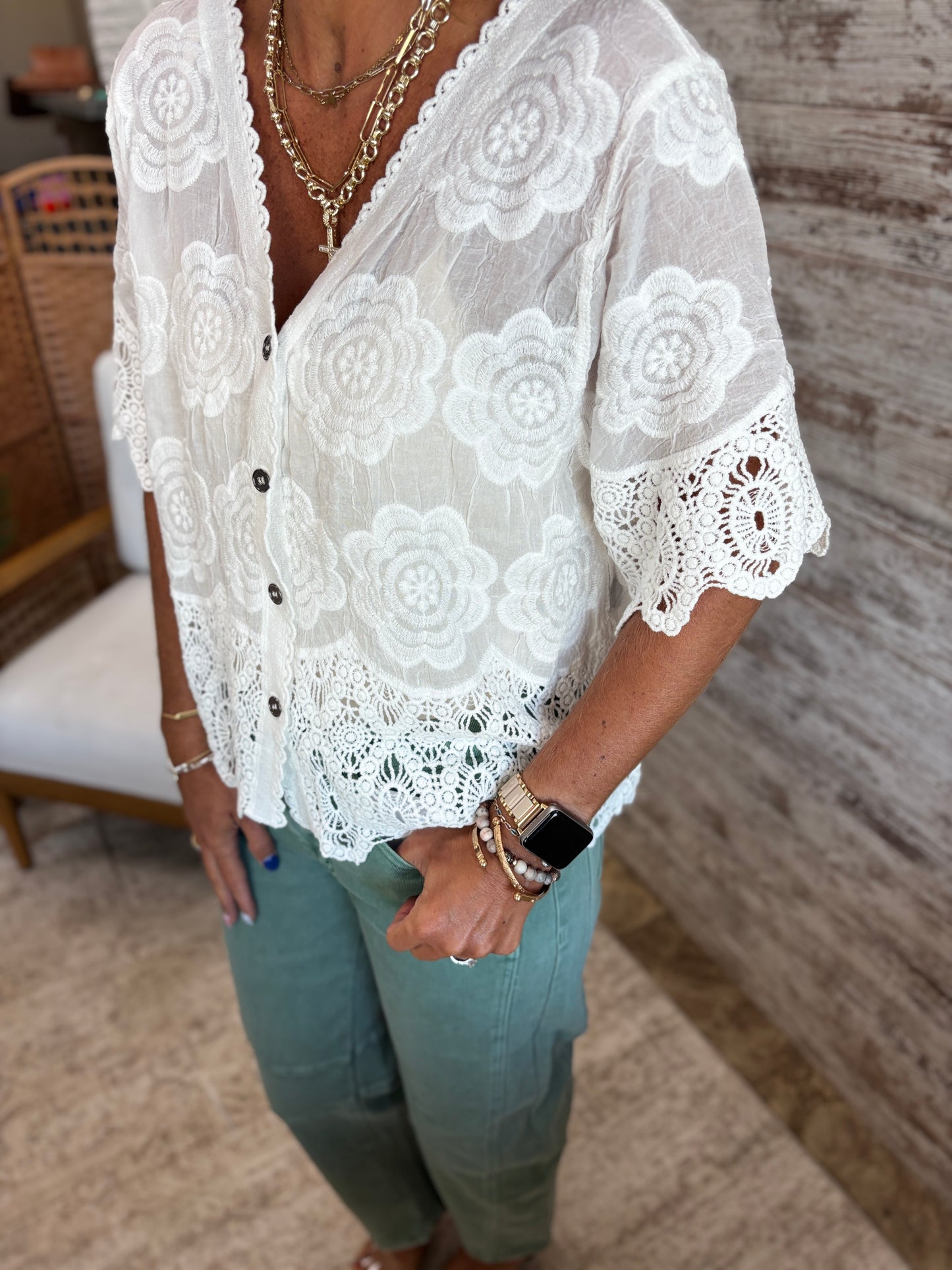 White Crochet Trim Button Down Top