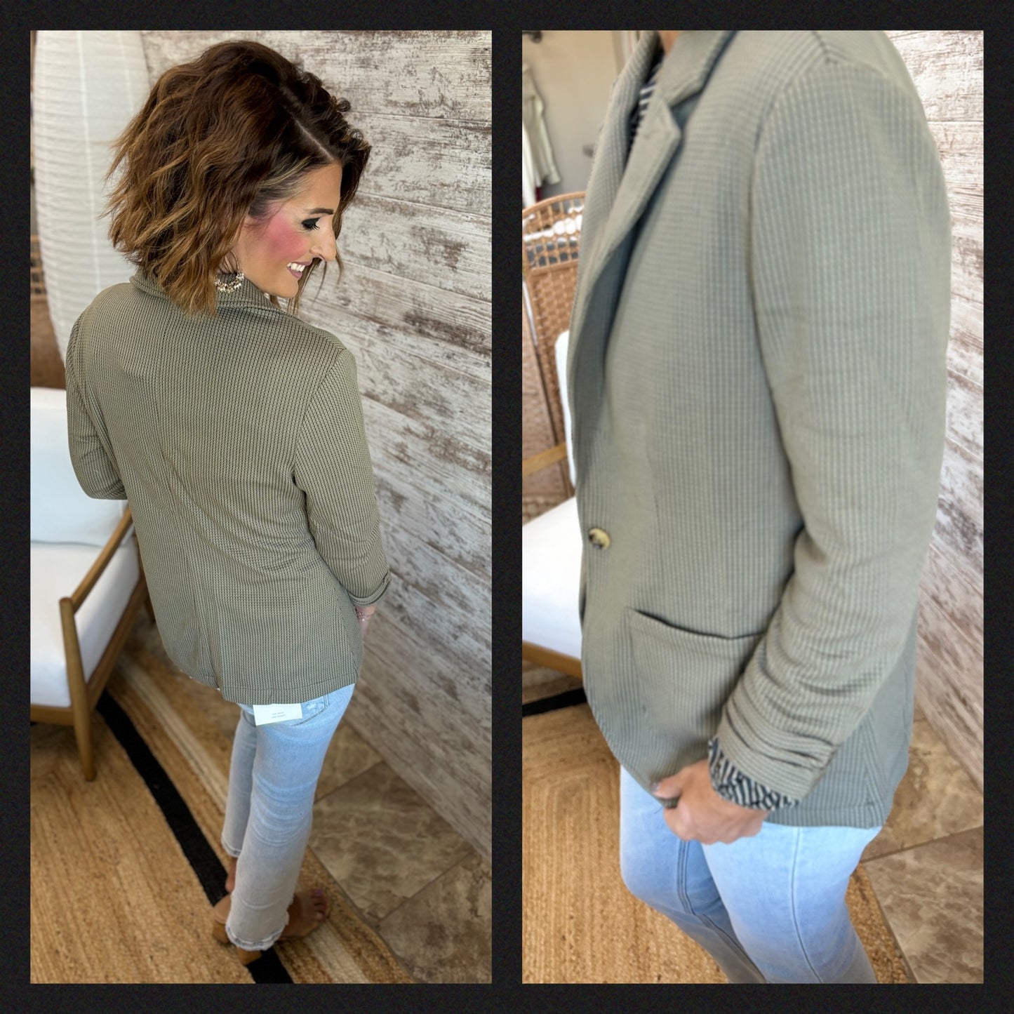 Olive Shirred Sleeve Textured Blazer