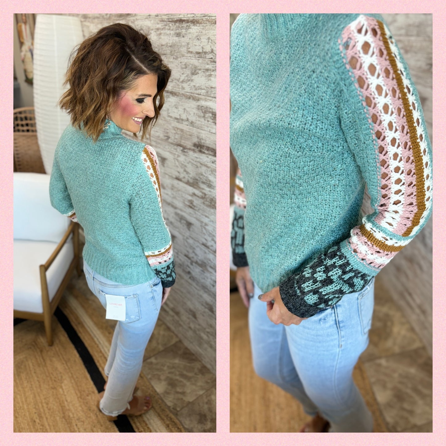 Mock Neck Crochet Sleeve Sweater~ 2 Colors