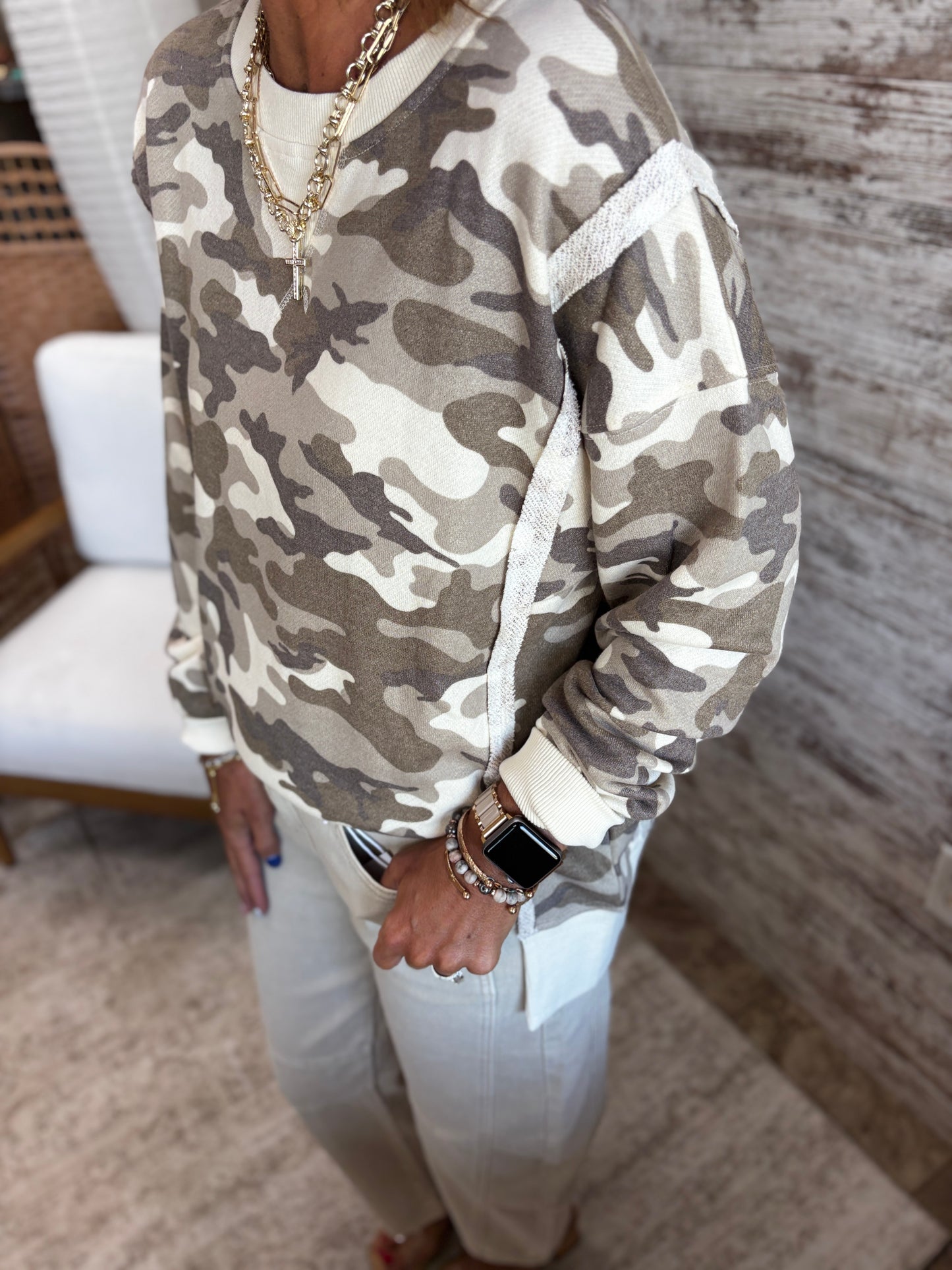Olive/ECRU Camo Print Terry Crew