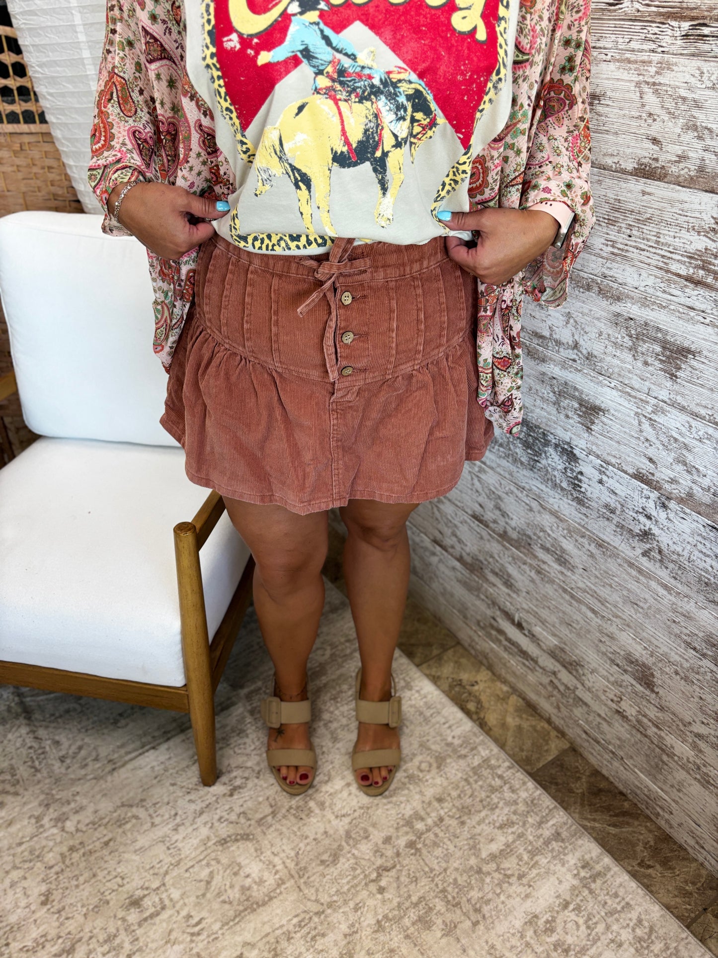 Rust Mineral Washed Corduroy Flare Skirt