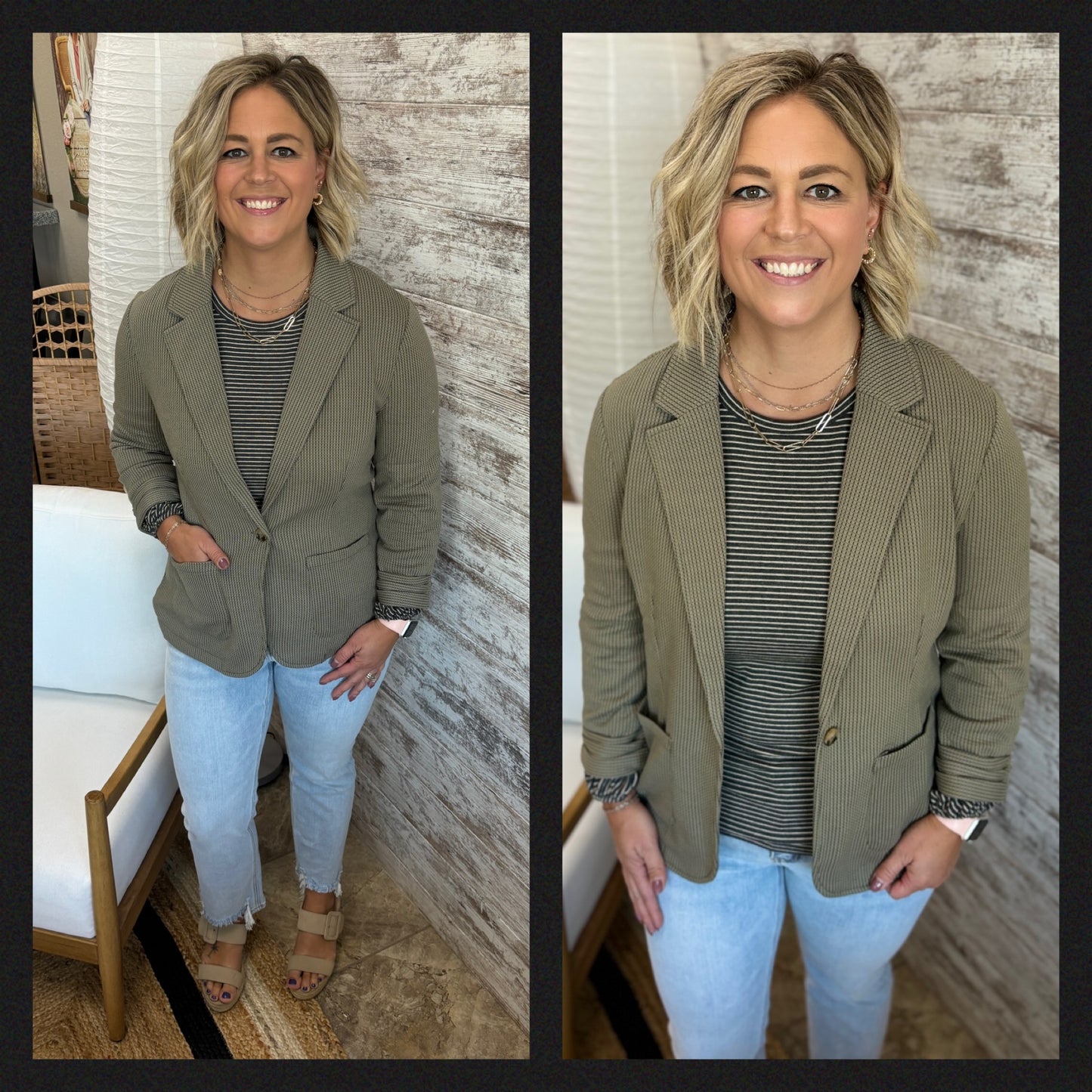 Olive Shirred Sleeve Textured Blazer