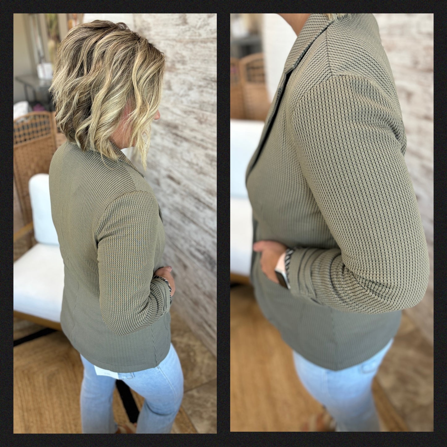 Olive Shirred Sleeve Textured Blazer