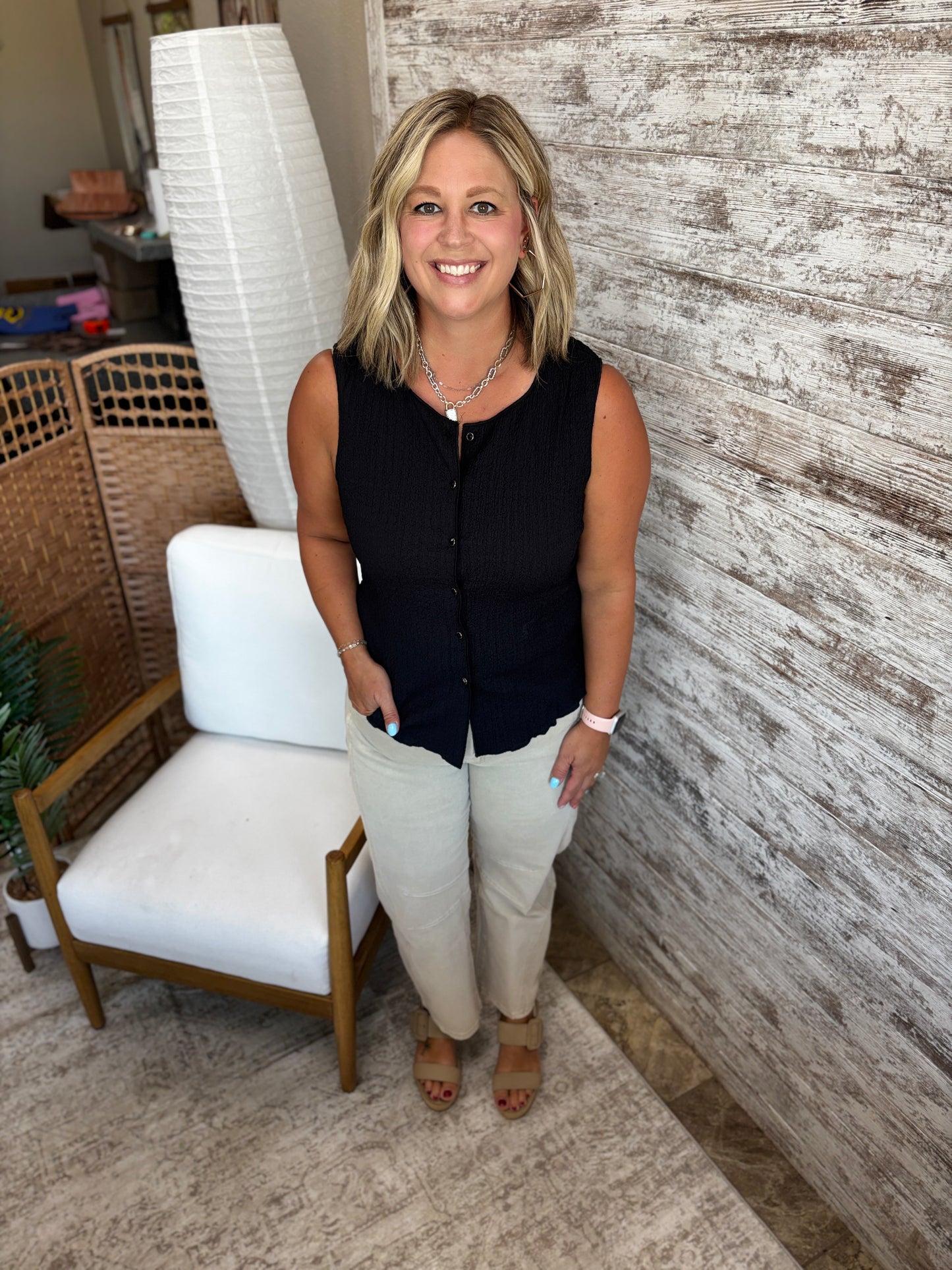 Black Crinkle Button Down Tank
