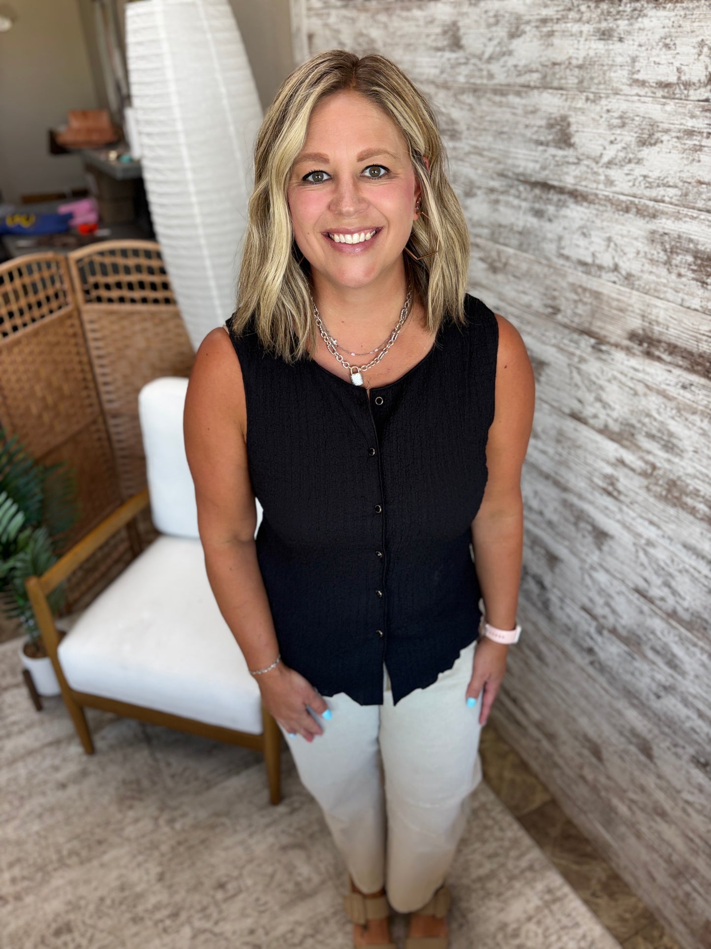 Black Crinkle Button Down Tank