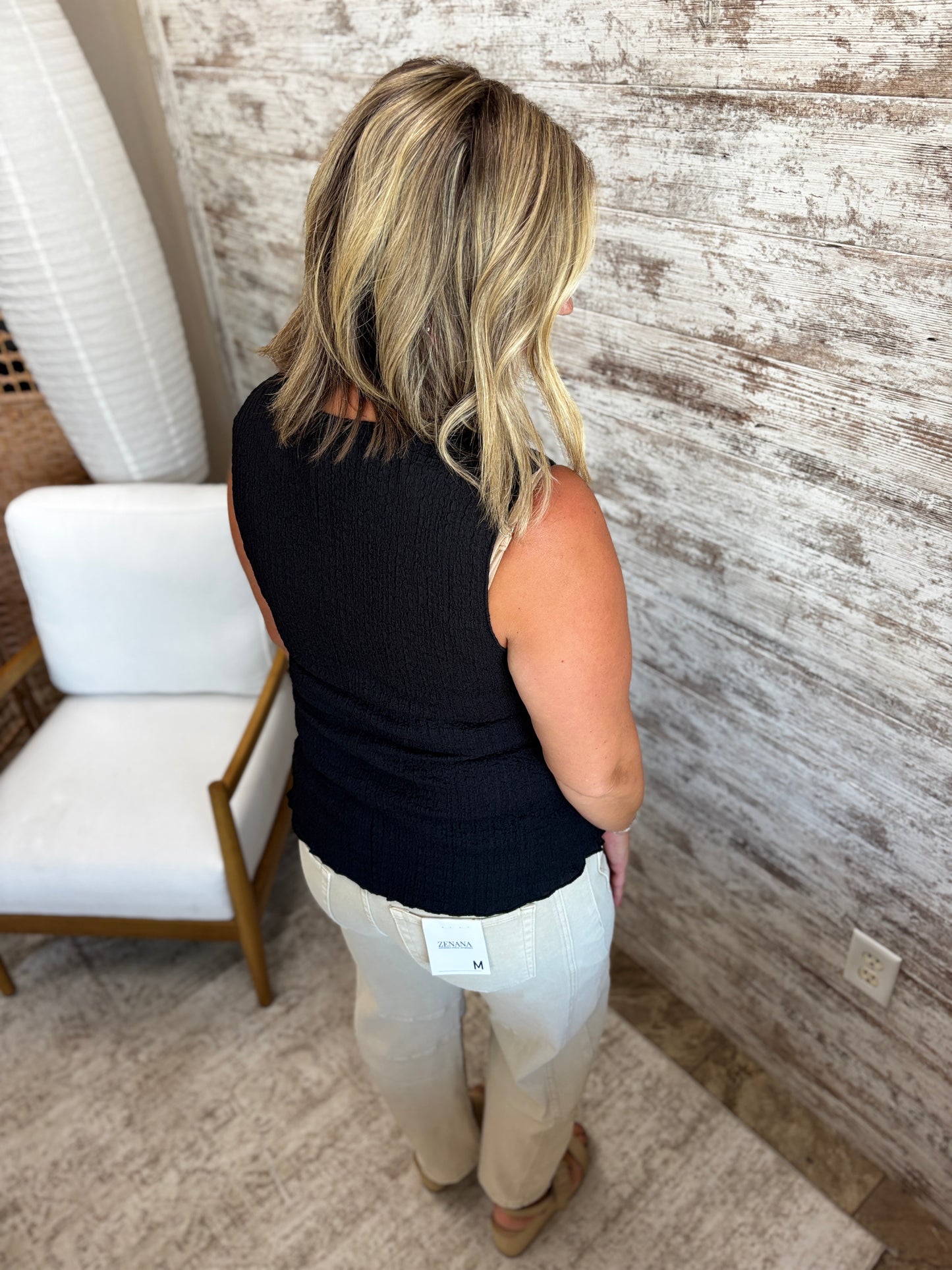 Black Crinkle Button Down Tank