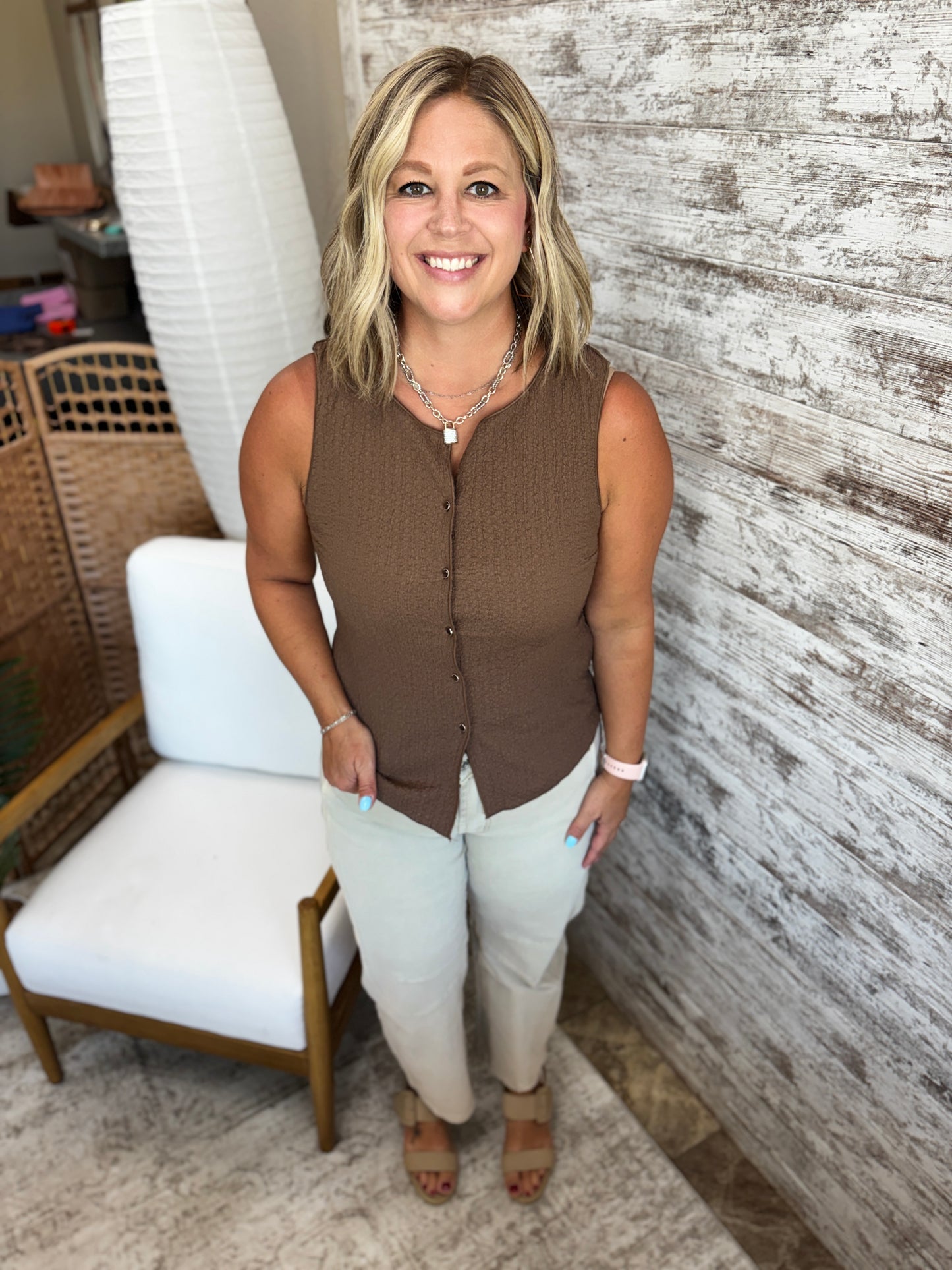 Mocha Crinkle Button Down Tank