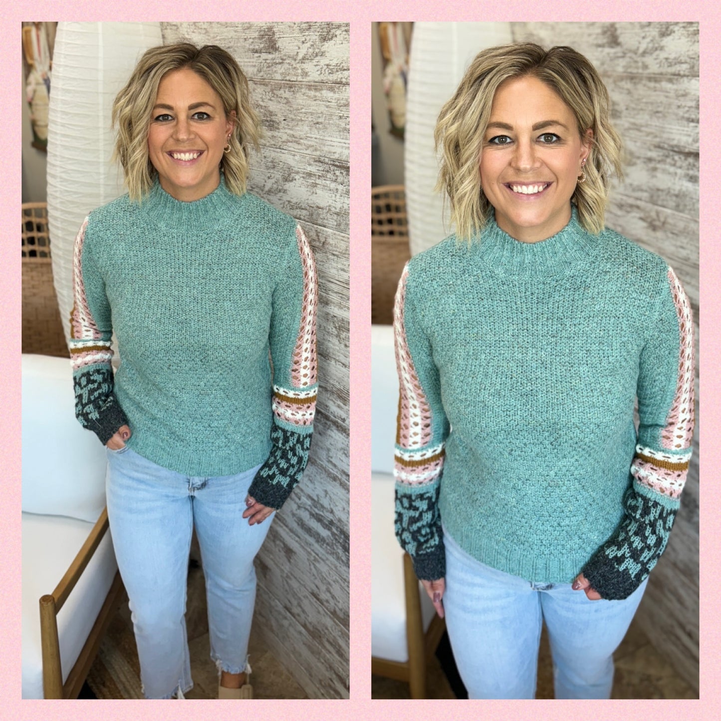 Mock Neck Crochet Sleeve Sweater~ 2 Colors