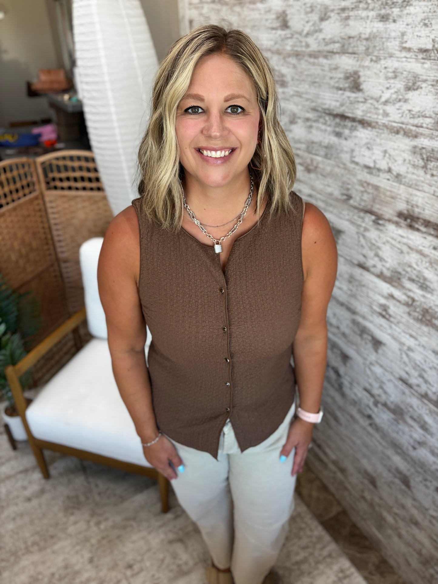 Mocha Crinkle Button Down Tank