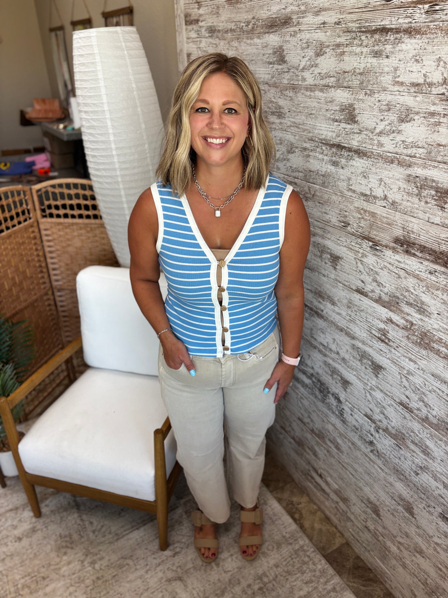 Ocean Blue Striped Button Down Ribbed Tank