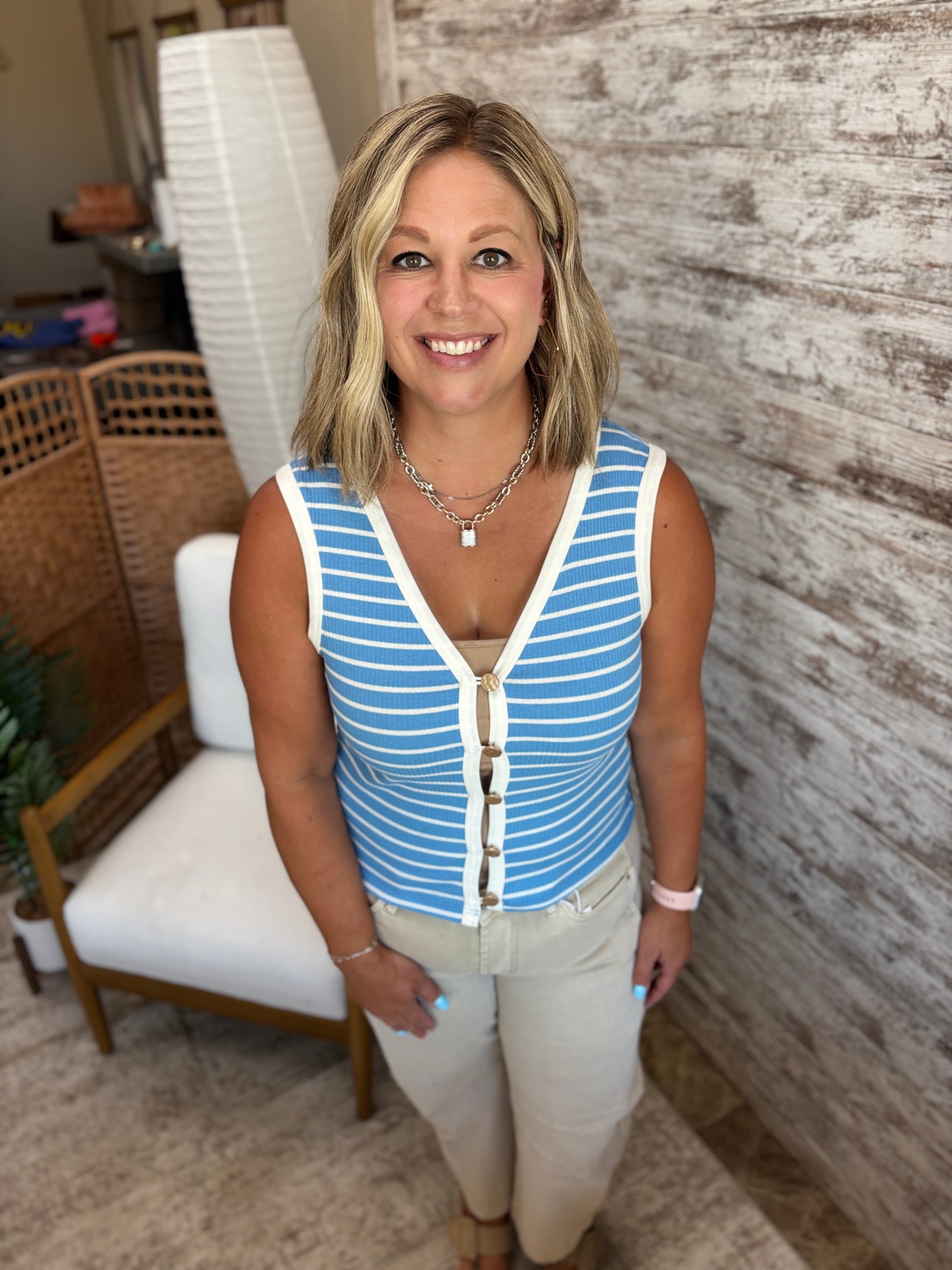 Ocean Blue Striped Button Down Ribbed Tank