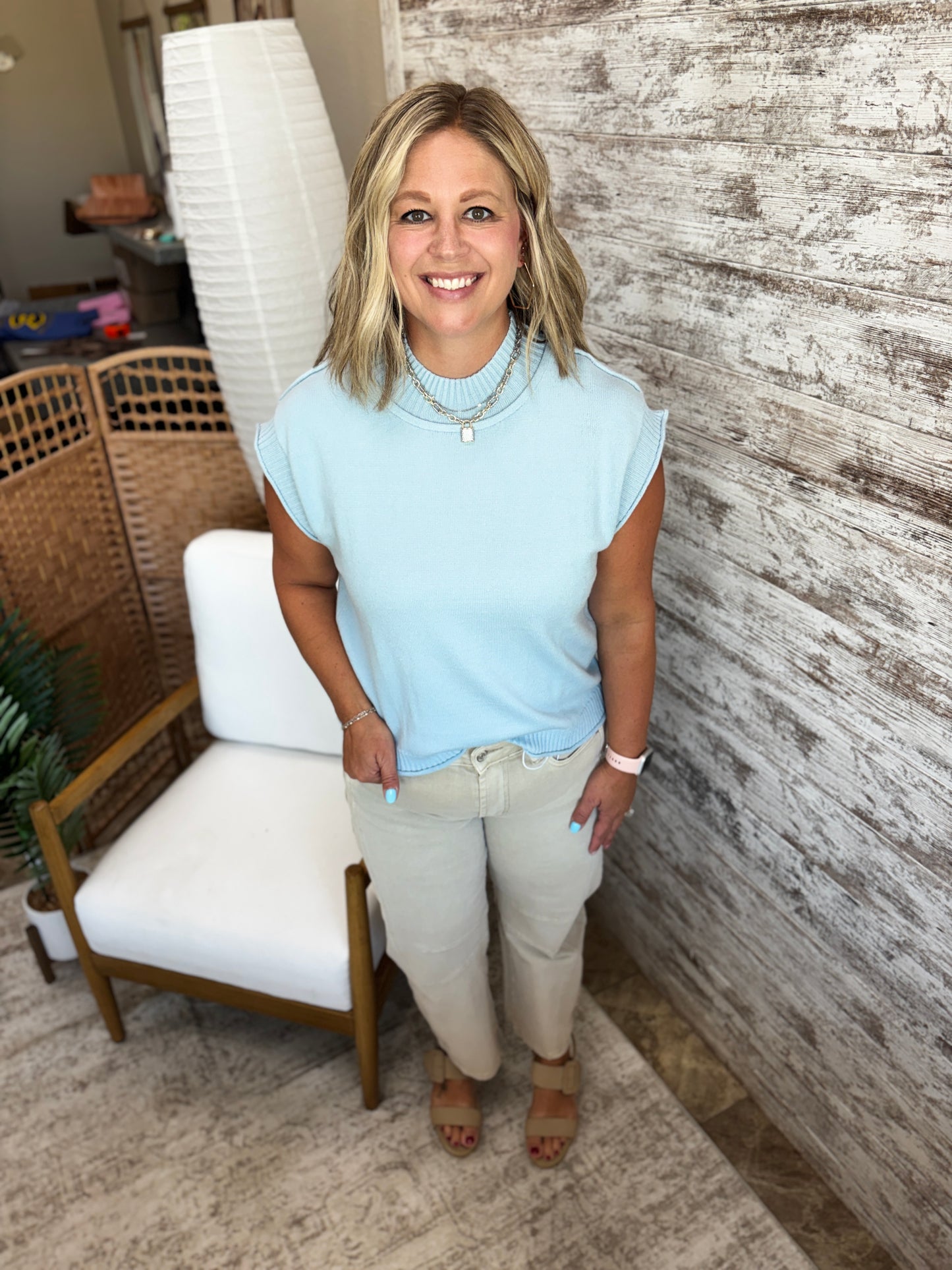 Light Blue Soft Mock Neck Short Sleeve Sweater