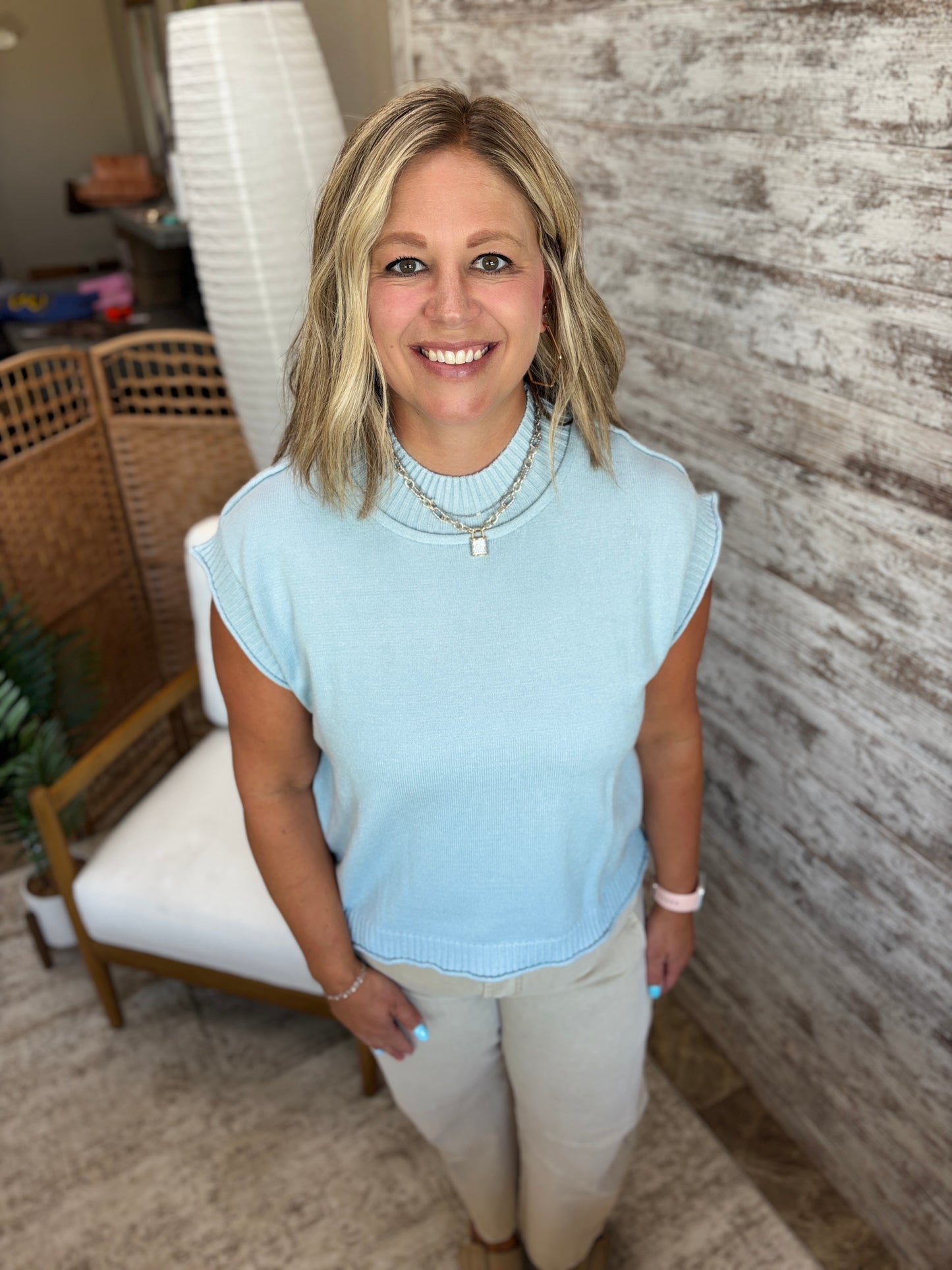 Light Blue Soft Mock Neck Short Sleeve Sweater