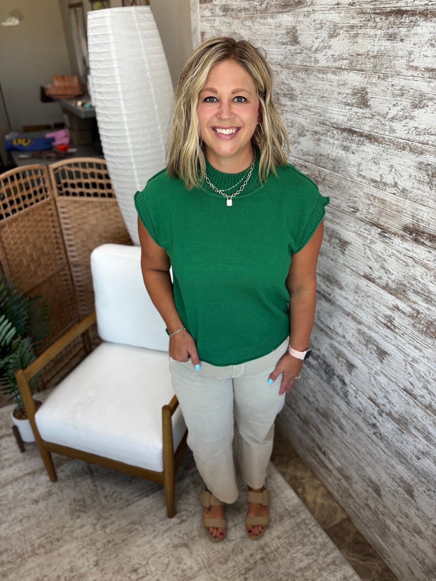 Kelly Green Soft Mock Neck Short Sleeve Sweater