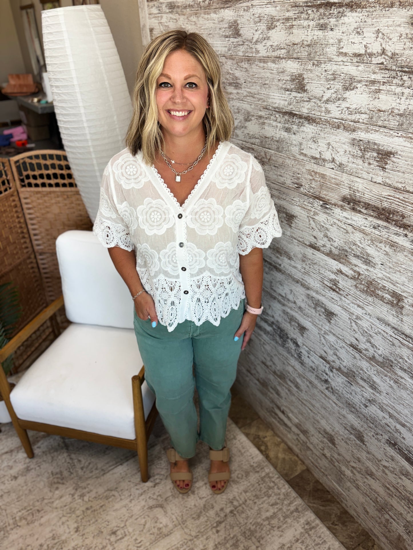White Crochet Trim Button Down Top