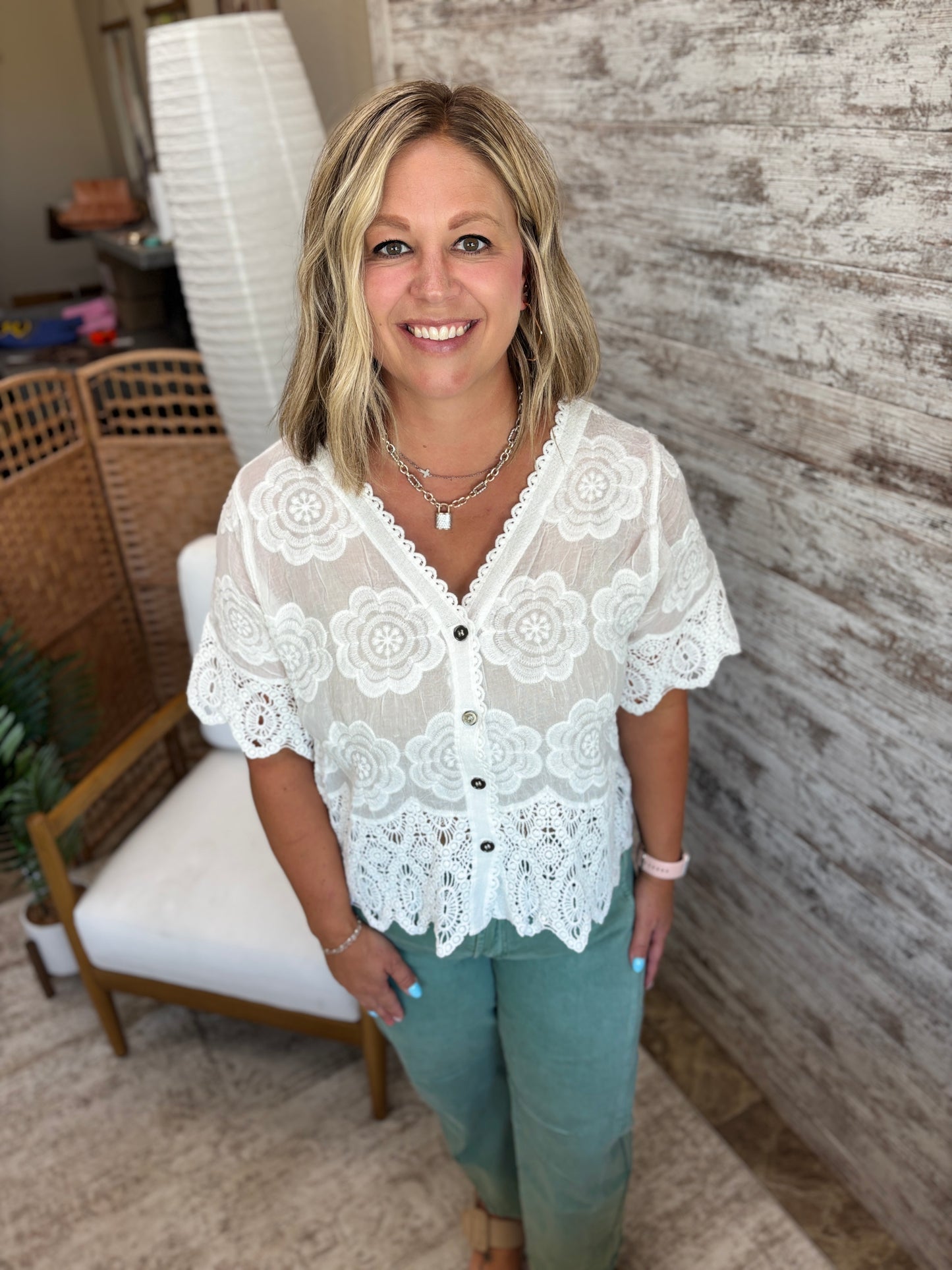 White Crochet Trim Button Down Top