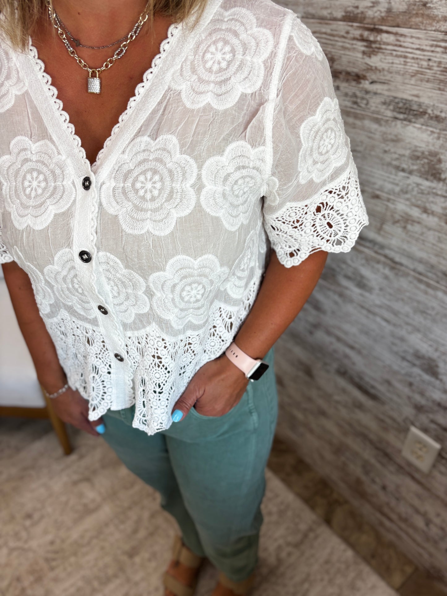 White Crochet Trim Button Down Top