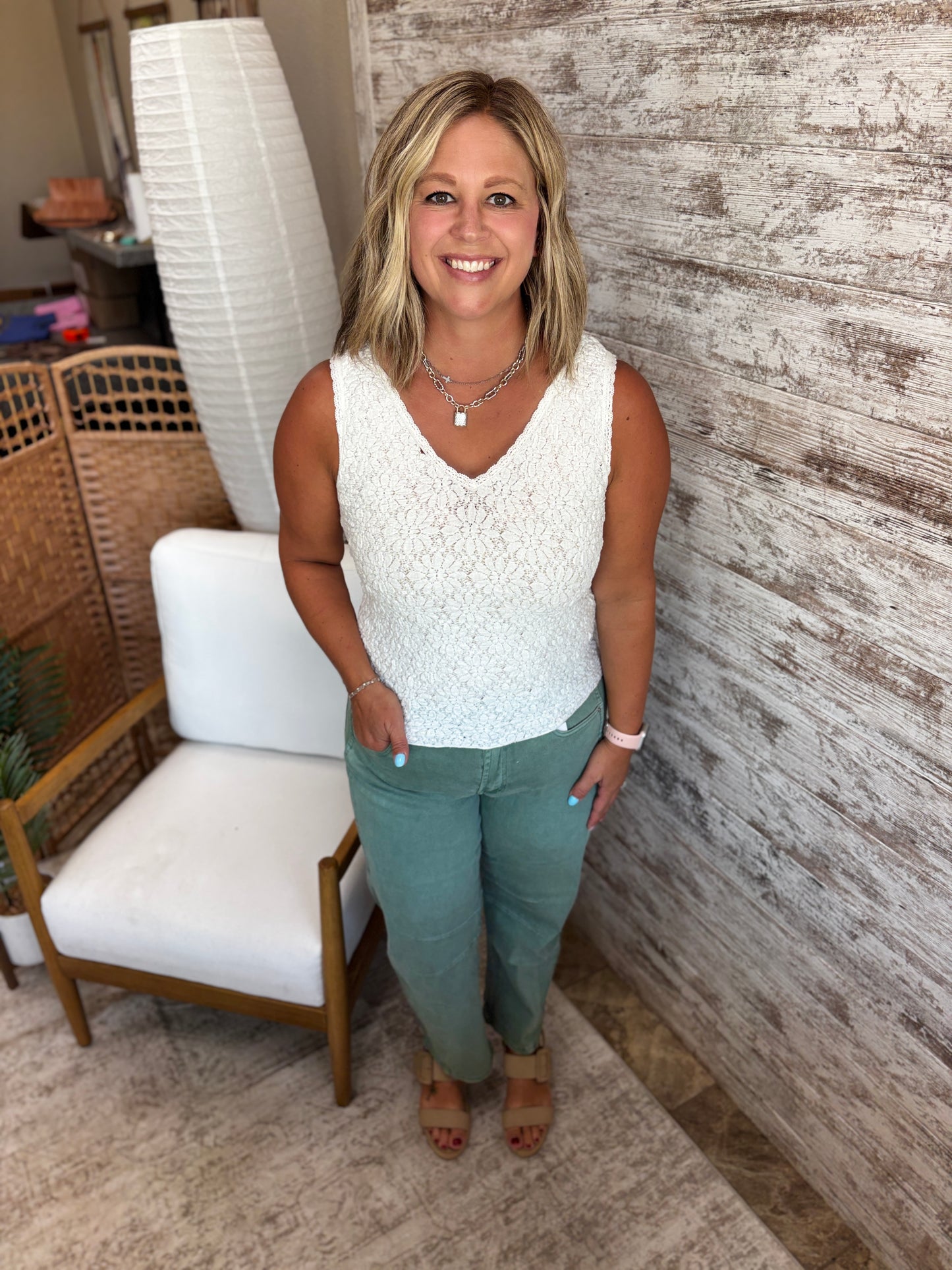 White Crinkle Top with Lace Trim